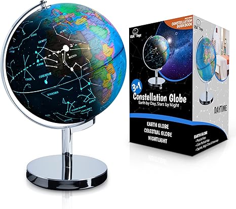 USA Toyz Illuminated World Globe with Stand - 3in1 STEM Globes for Adults and Kids, Constellation Map, Built-In LED Night Light Lamp, Easy to Read Texts, Non-Tip Base, 13.5 Inch Tall, 9 Inch Diameter