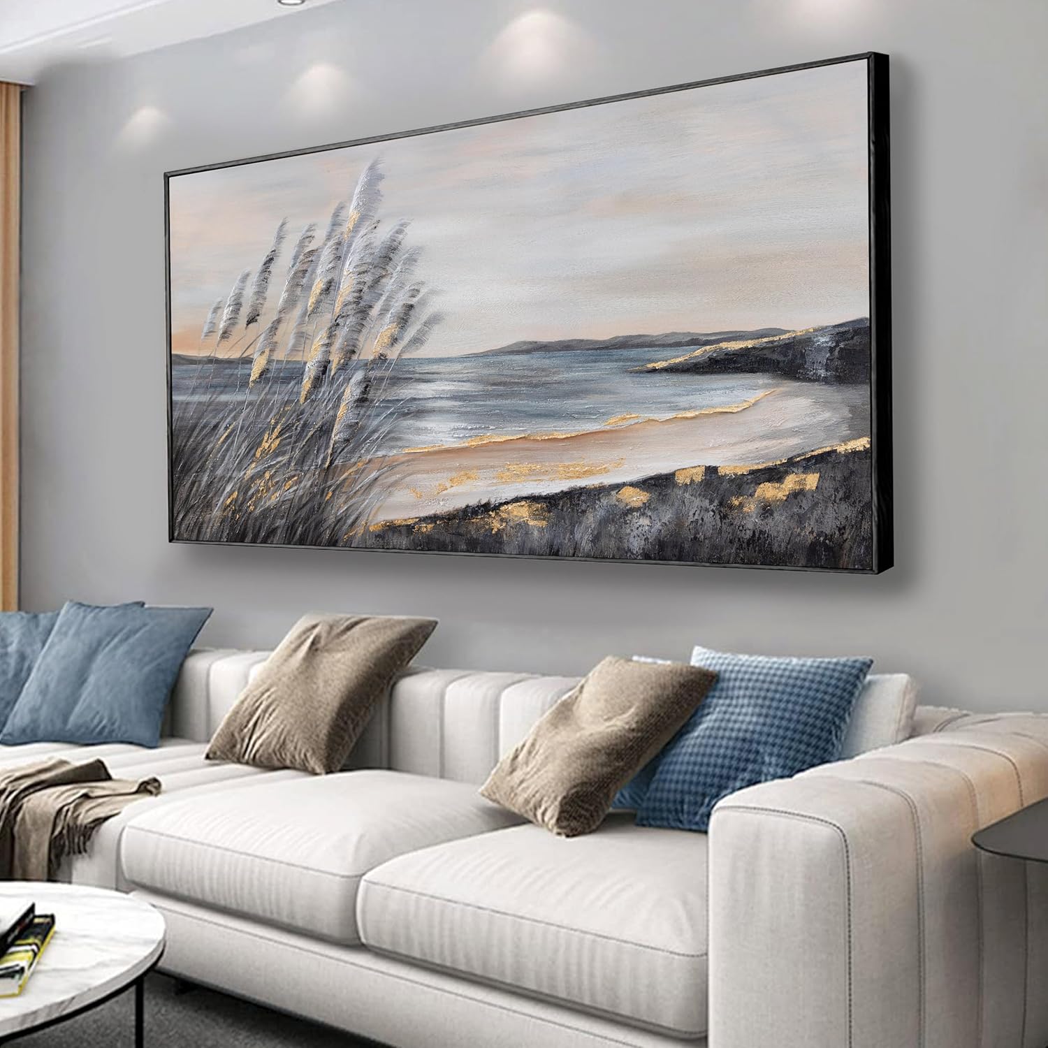 Yuaxker Coastal Wall Art Grey and Gold Wall Decor Trendy Artwork Framed Beach Canvas Painting for Living Room Bedroom Dining Room Office Home Decor 20x40 Inch 20"x40" Black and Gold