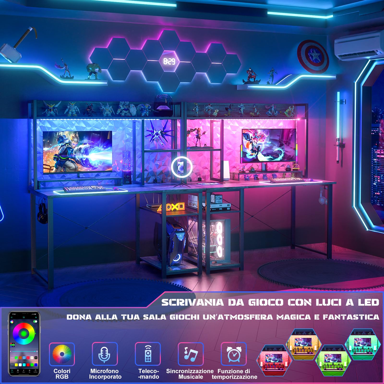iSunirm Scrivania Gaming con Supporto per Monitor e Ripiano di Stoccaggio,Scrivania Computer con 2 Prese e 2 Porte USB,Scrivanie Moderne per Ufficio e Studio,100x50x75cm,Grigio