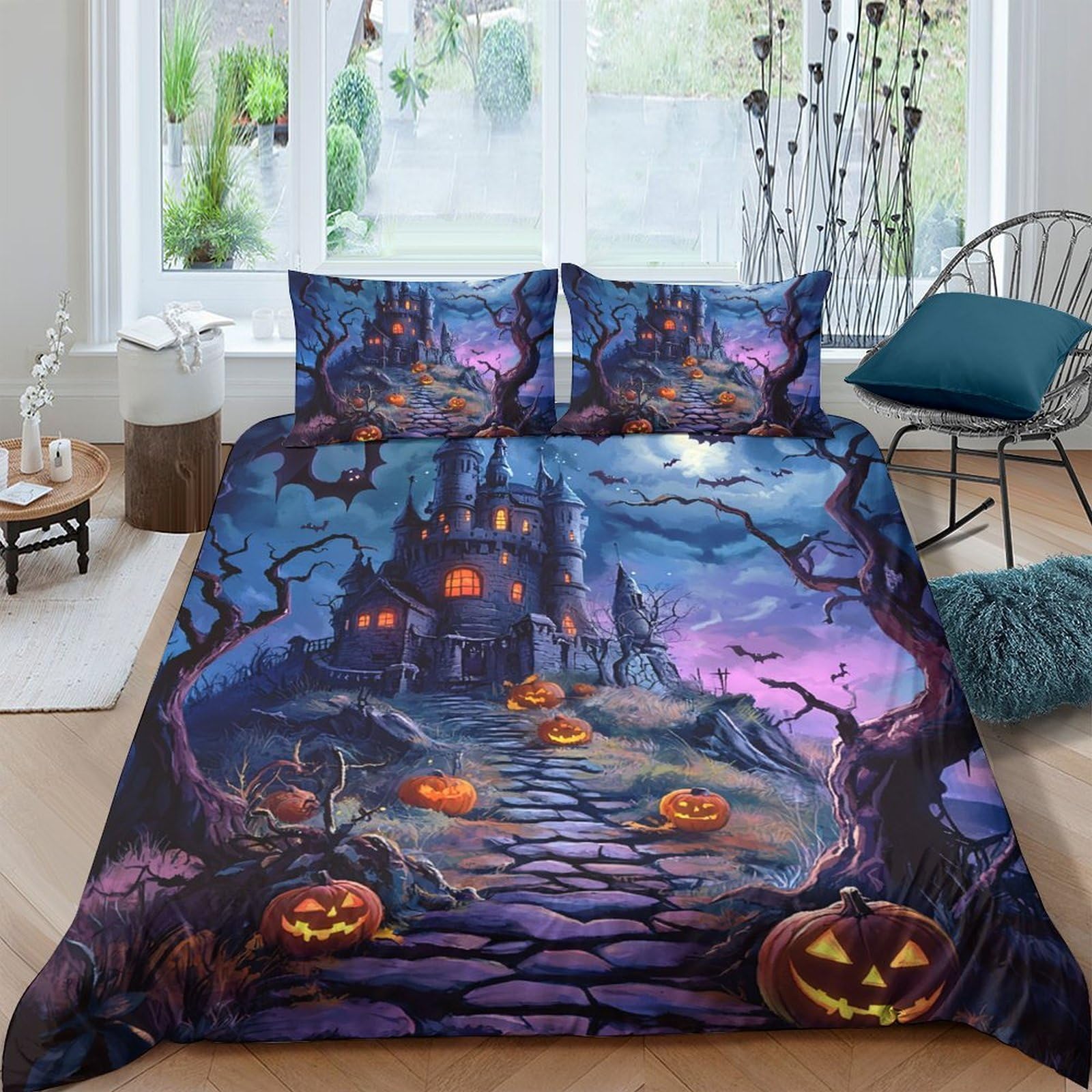 Ctjqhvkz Style-10 3D Printed Haunted Castle Fitted Sheet Microfiber Halloween Pumpkin Bed Cover For Bedroom Guest Room Decor Easy Care Single（135X200cm）
