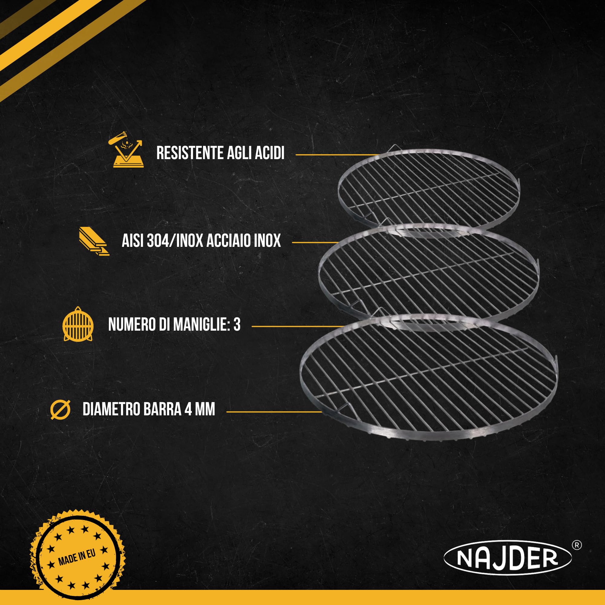 NAJDER Griglia di Cottura Rotonda in Acciaio Inox Ø600 mm per Barbecue Girevole con Sospensione a Cavo, griglia di Cottura Rotonda con 3 Fori per Appendere, griglia per Barbecue - Solo