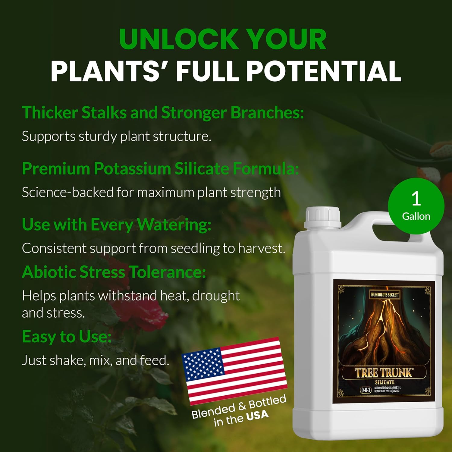 Humboldts Secret Tree Trunk | Potassium Silicate Additive | Liquid Fertilizer for Thicker Stalks, Stress Resistance & Branch Development | Indoor & Outdoor Plant Food, Hydroponic Nutrients, 1 Gallon