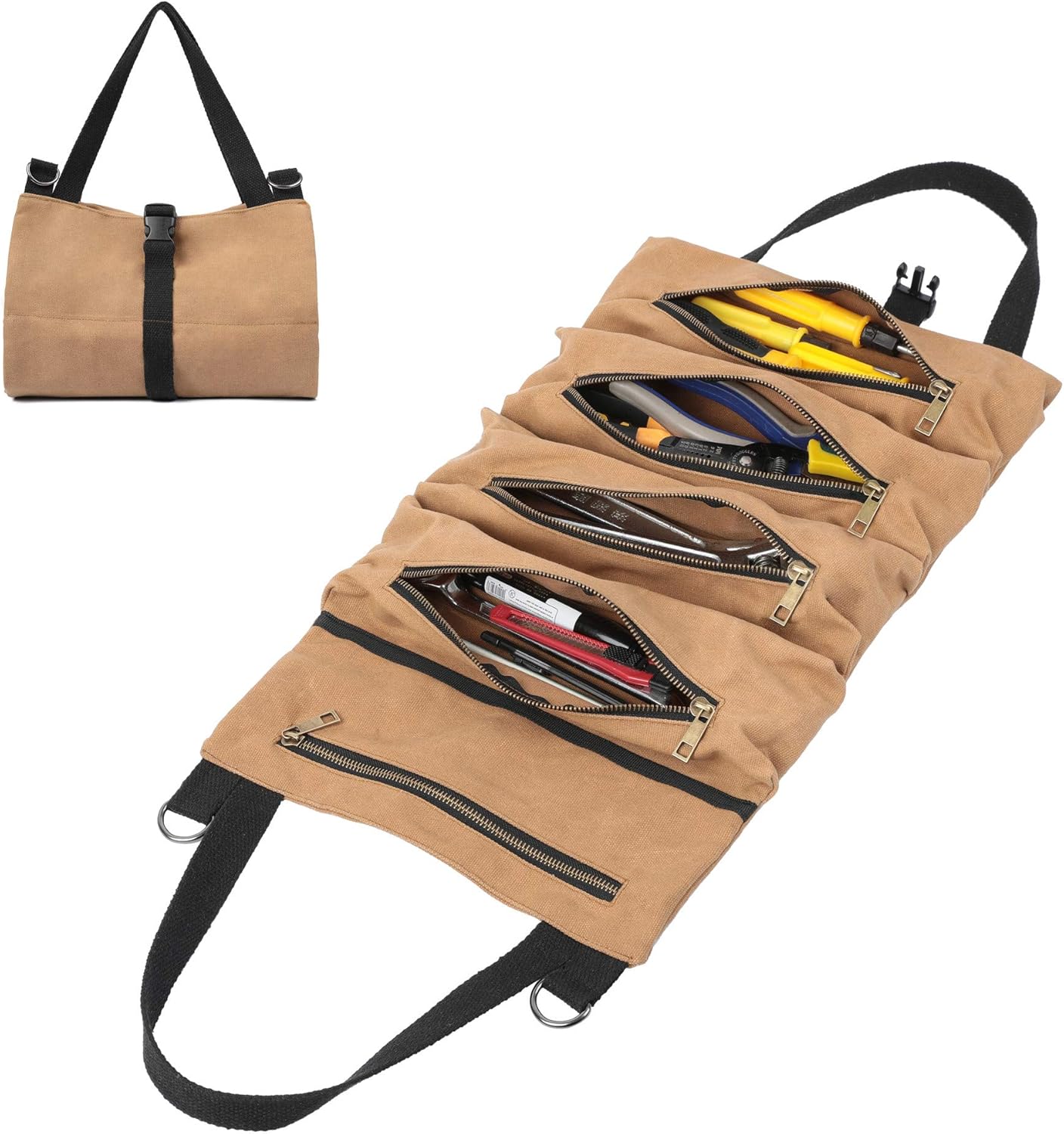 Waxed Canvas Tool Roll Bag, Multi-Purpose Tool Organize Bag With 5 Zipper Pockets, Easy Storage & Portable (Khaki)