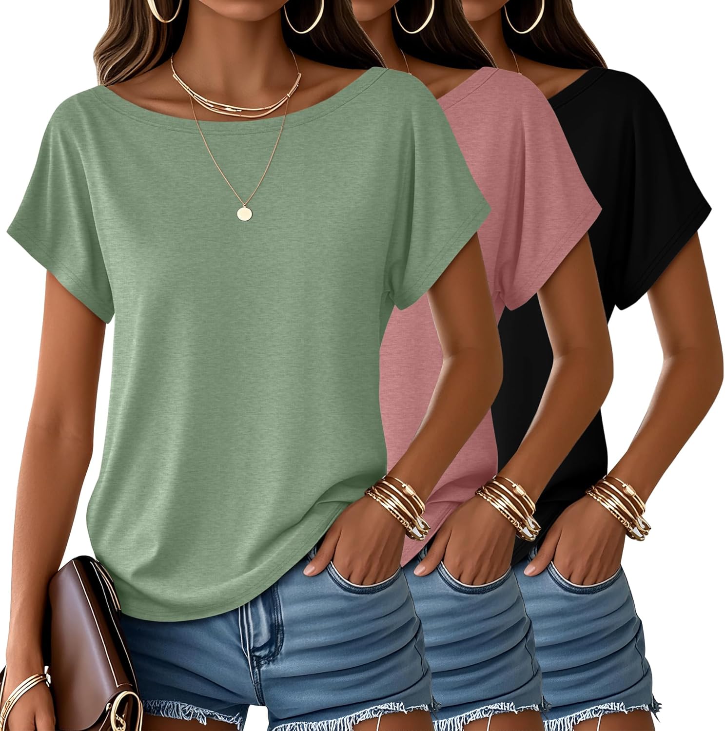 Huukeay 3 Pack Boat Neck Off The Shoulder Tops for Women, Short Sleeve Loose Shirts Causal Oversized Tunic Basic Tees