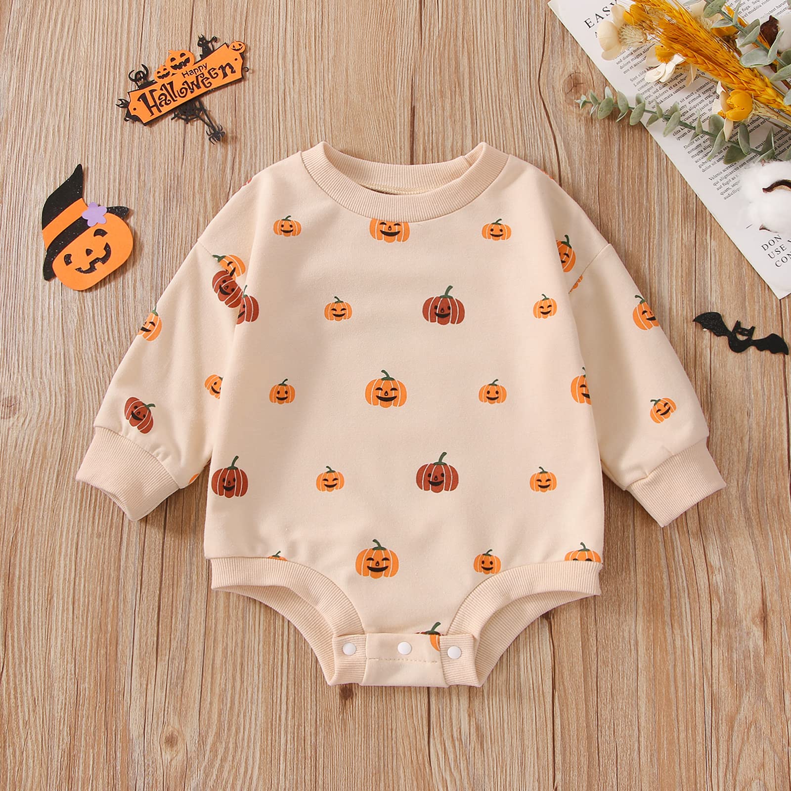 FYBITBO Halloween Baby Girl Boy Clothes Pumpkin Romper Sweatshirt Onesie Long Sleeve Bodysuit Top Fall Winter Outfit (Halloween Romper,3-6 Months)