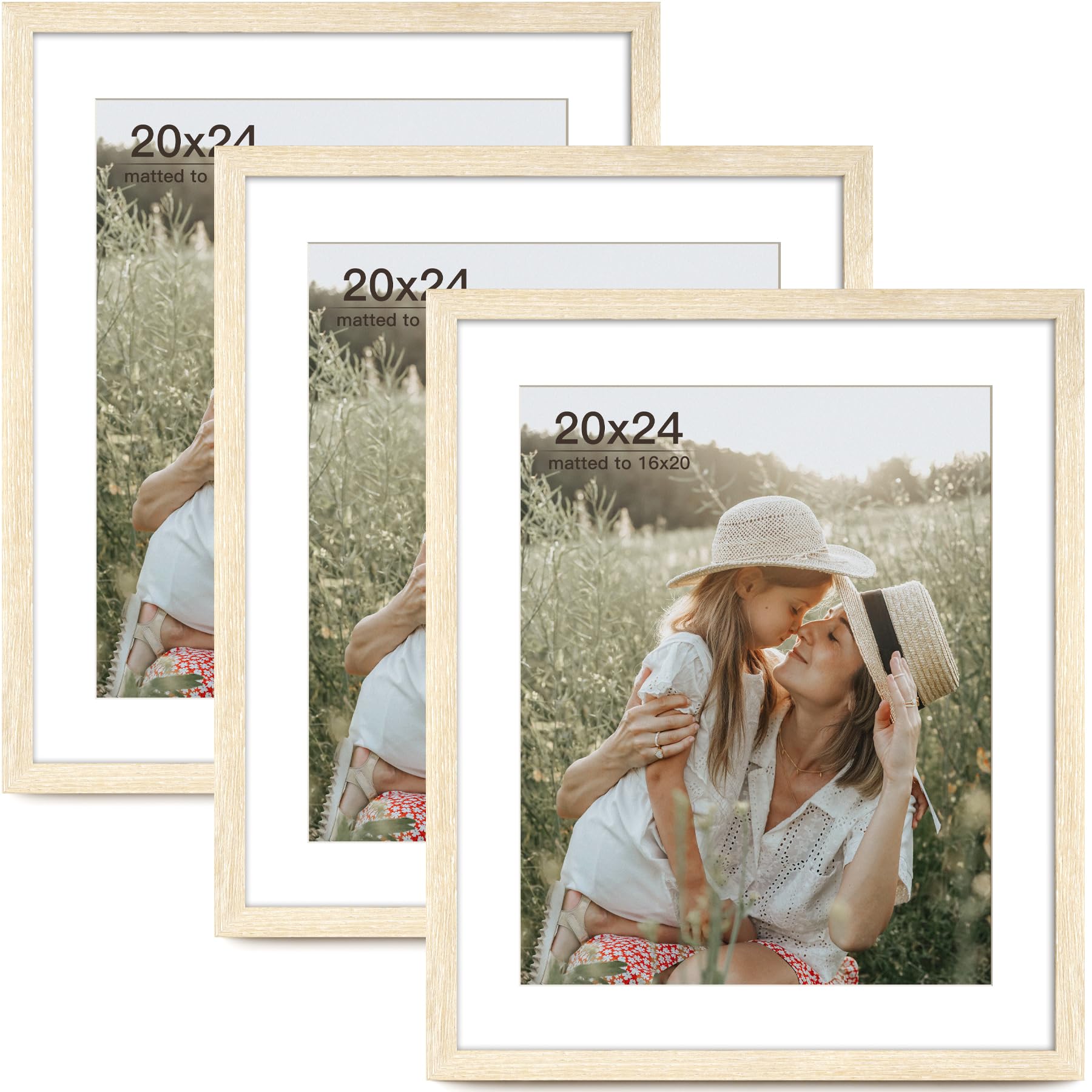 20x24 Picture Frame with Mat for 16x20 Set of 3, Natural Wood Grain 20x24 Frame for Wall Mounting (3 Pack, Natural)