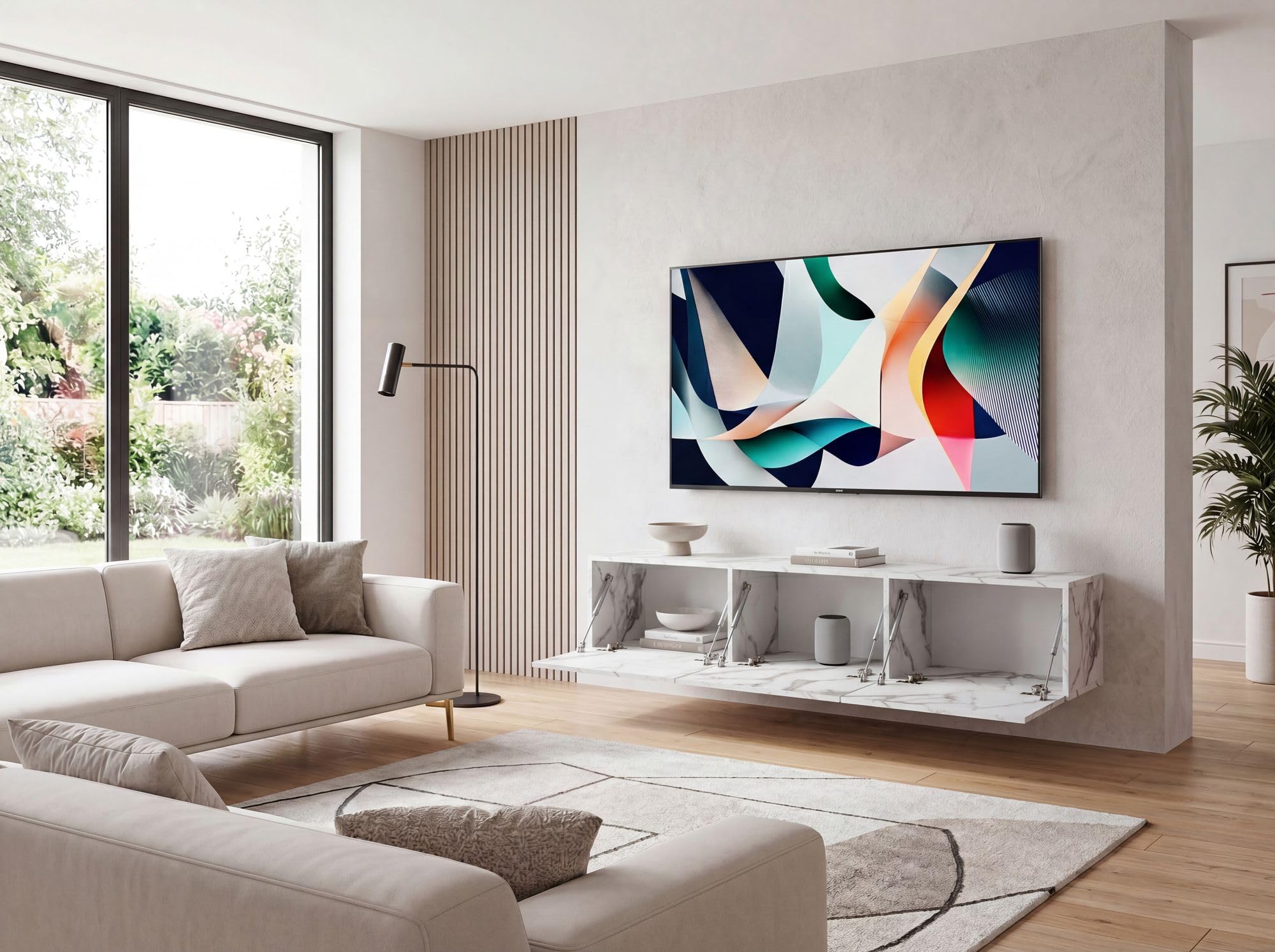 FineBuy Lowboard Hängend 160x30x30 cm Weiß Marmor-Optik mit Klapptüren