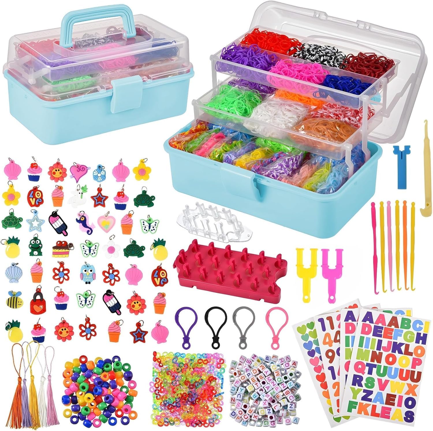 Tuilful 18000+ Loom Bands Kit – 30 Colors Bracelet Making Kit with Charms, Beads, S Clips, Tools & 3-Layer Sky Blue Storage Box, DIY Arts & Crafts Gift for Girls & Boys