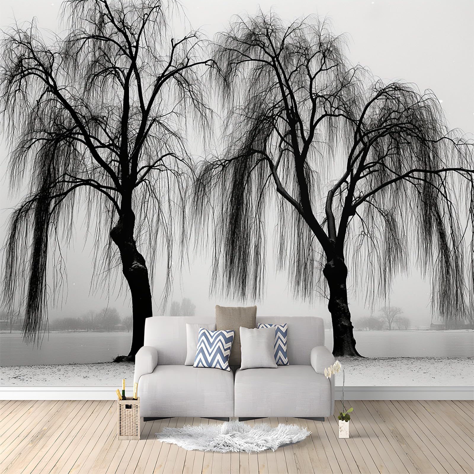Tapeta 350 x 256 cm, tapeta z włókniny, proste drzewo, wierzba płacząca, dekoracja, wodoszczelna, folia ochronna na ścianę, do sypialni, salonu, fototapeta, czarno-biała, wraz z poradnikiem do