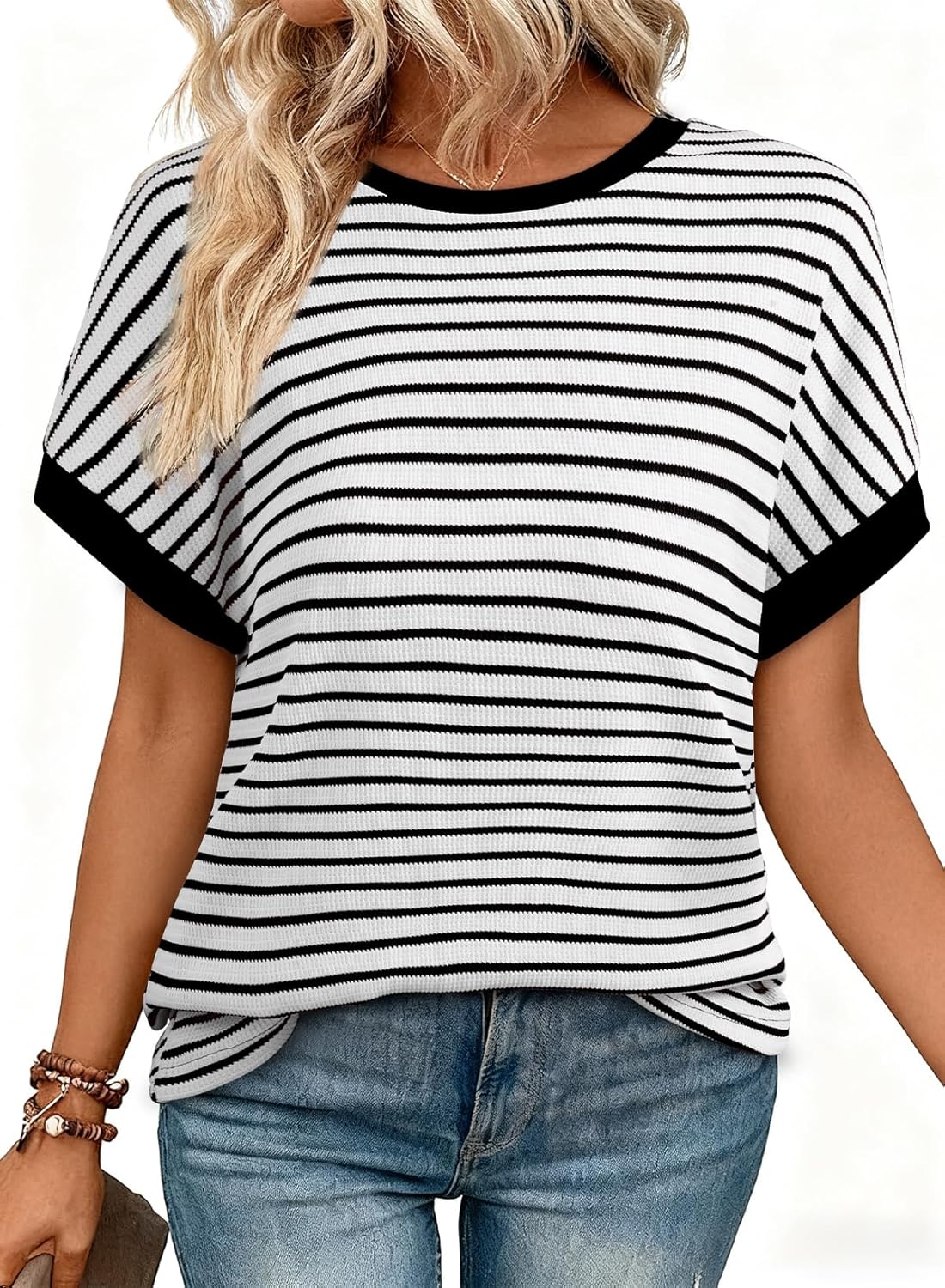 Acelitt Women’s Short Sleeve Knit Tops 2025 Trendy Crewneck Striped T Shirts Casual Summer Blouses Outfits - Image 4