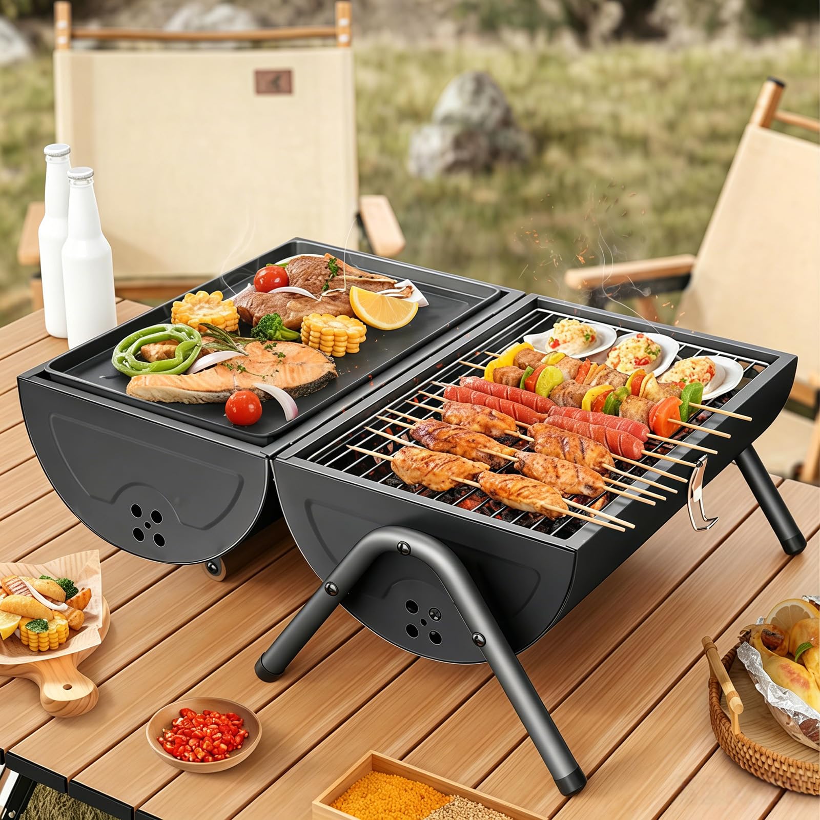 Barbecue au charbon de bois double face portable - Petit barbecue au charbon de bois pour griller et rôtir - Barbecue de table léger pour l'extérieur, le camping, le pique-nique