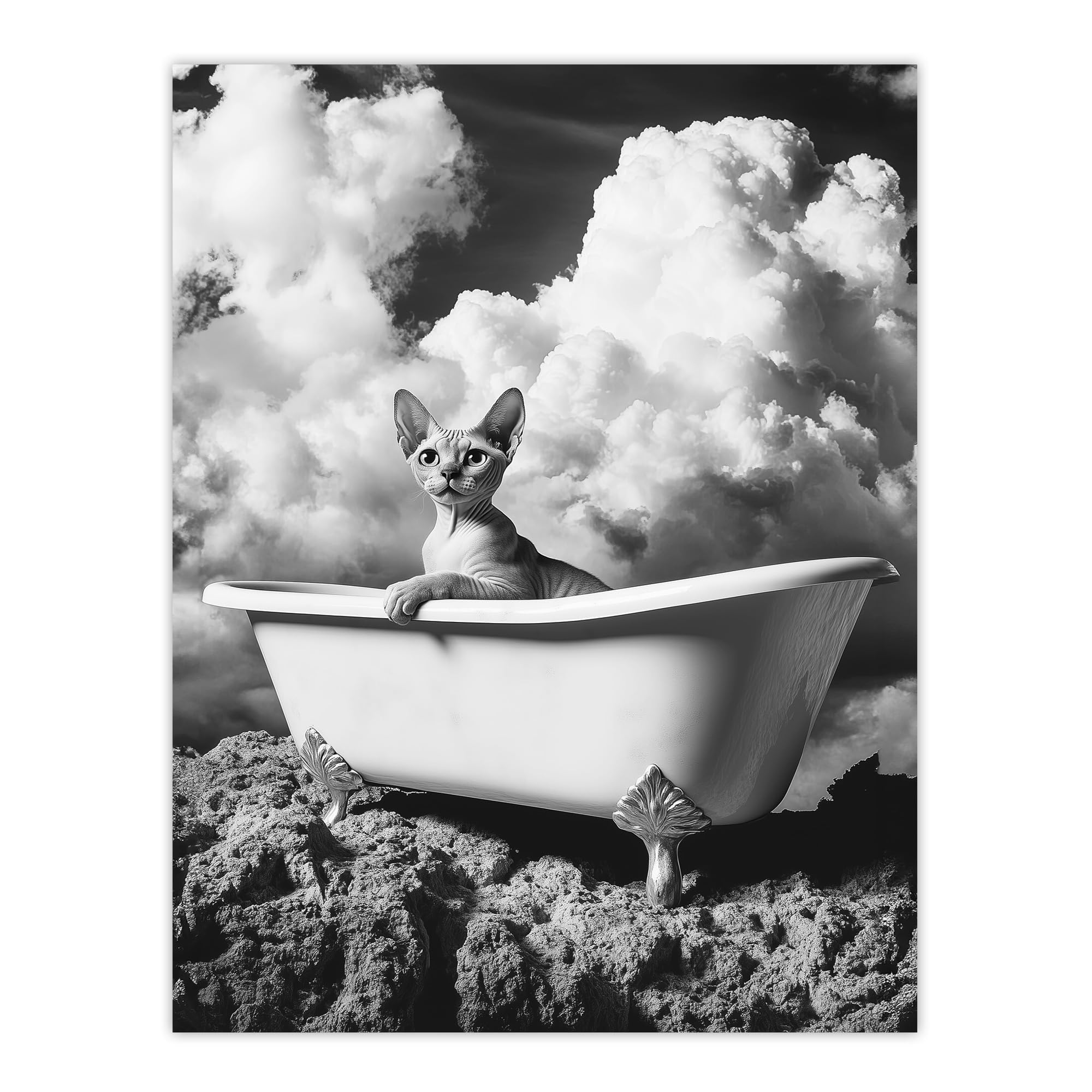 Artery8 Cat Lover Sphinx in Bathtub Black White Surreal Bathroom Toilet Extra Large XL Wall Art Poster Print