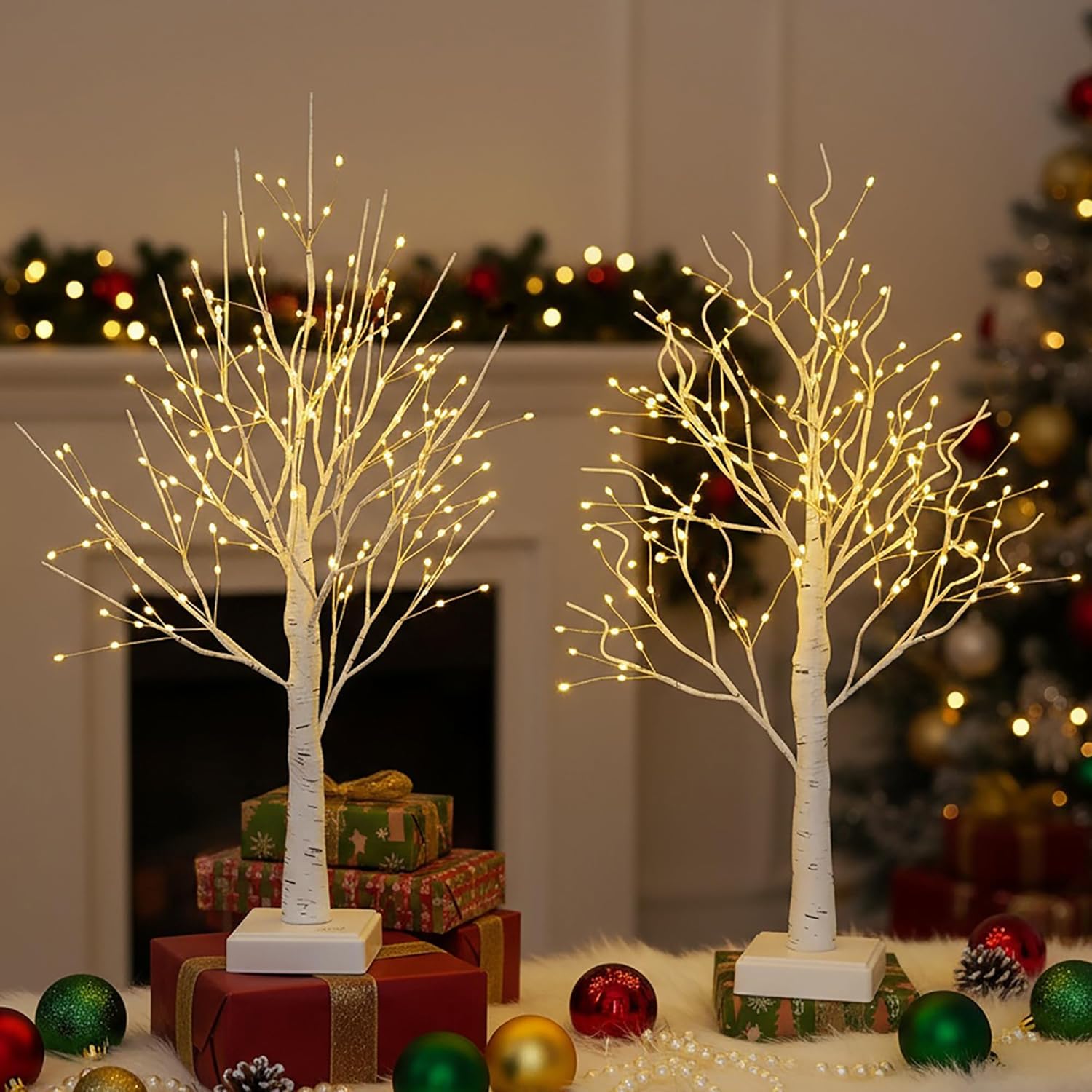 2 Pack Lighted Trees for Indoor Decor with Timer, 144 LED 2FT White Light up Birch Tree Tabletop Lamp for Birthday Thanksgiving Wedding Decor, Small Christmas Tree with Lights
