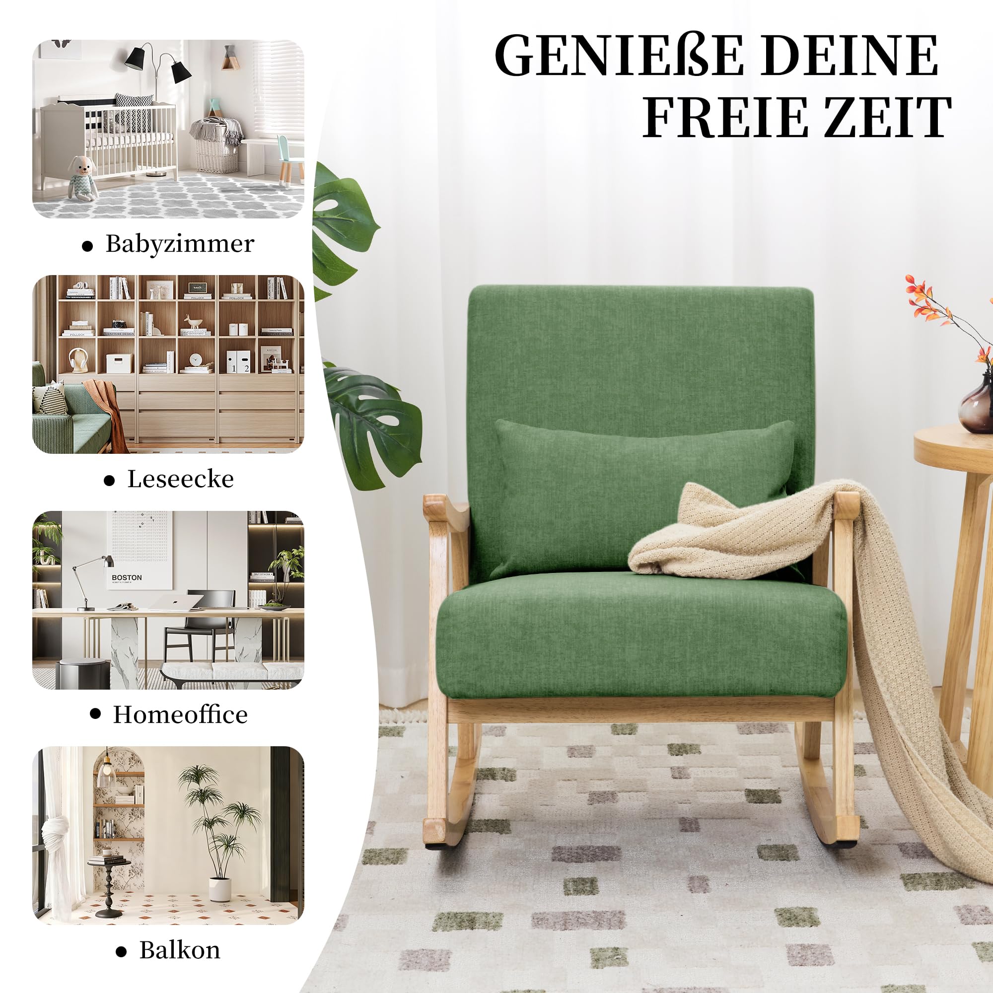Mid-Century Modern Schaukelstuhl, Schaukelsessel mit Lendenkissen, Gepolsterter Stillsessel mit Holzarmlehnen & Holzbeinen, Bequemer Sessel für Wohnzimmer, Schlafzimmer & Babyzimmer, Grün