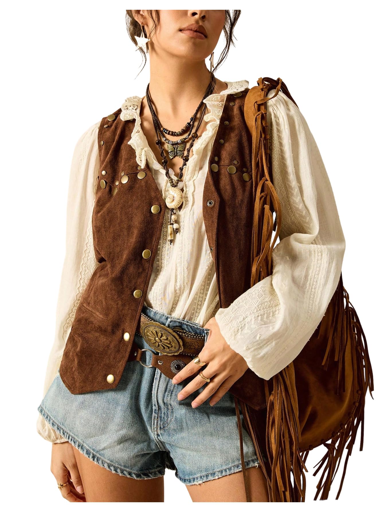 WDIRARA Womens Western Rivet Vests V Neck Button Down Sleeveless Jacket Cowgirl Waistcoat