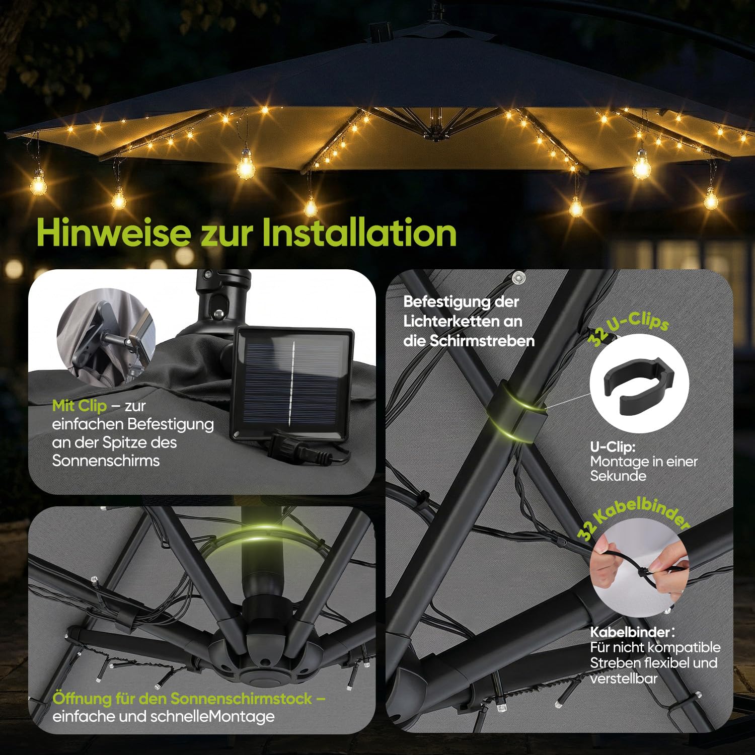 Sekey Luz para Sombrilla Solar con 136 LEDs y 8 Bombillas, Cadena de Luces para Sombrilla, Válida también para Parasol Excéntrico, 8 Modos + Mando a Distancia, para Patio, Exterior