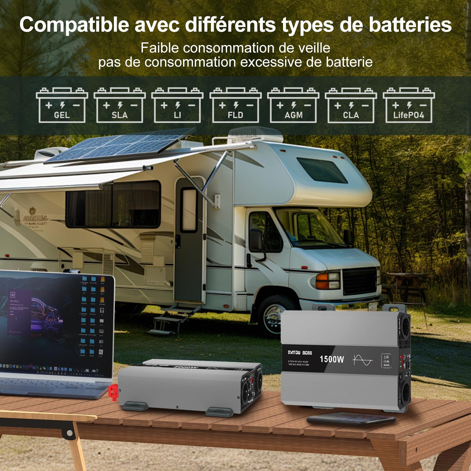 DATOUBOSS Convertisseur 12v 220v/230v Pur Sinus 1500W/3000W, Convertisseur 12v 220v 1500W, avec 2 Prises EU, Sortie USB/USB-C Et Écran LCD, Transformateur pour Camping-Cars, Camions, Camping