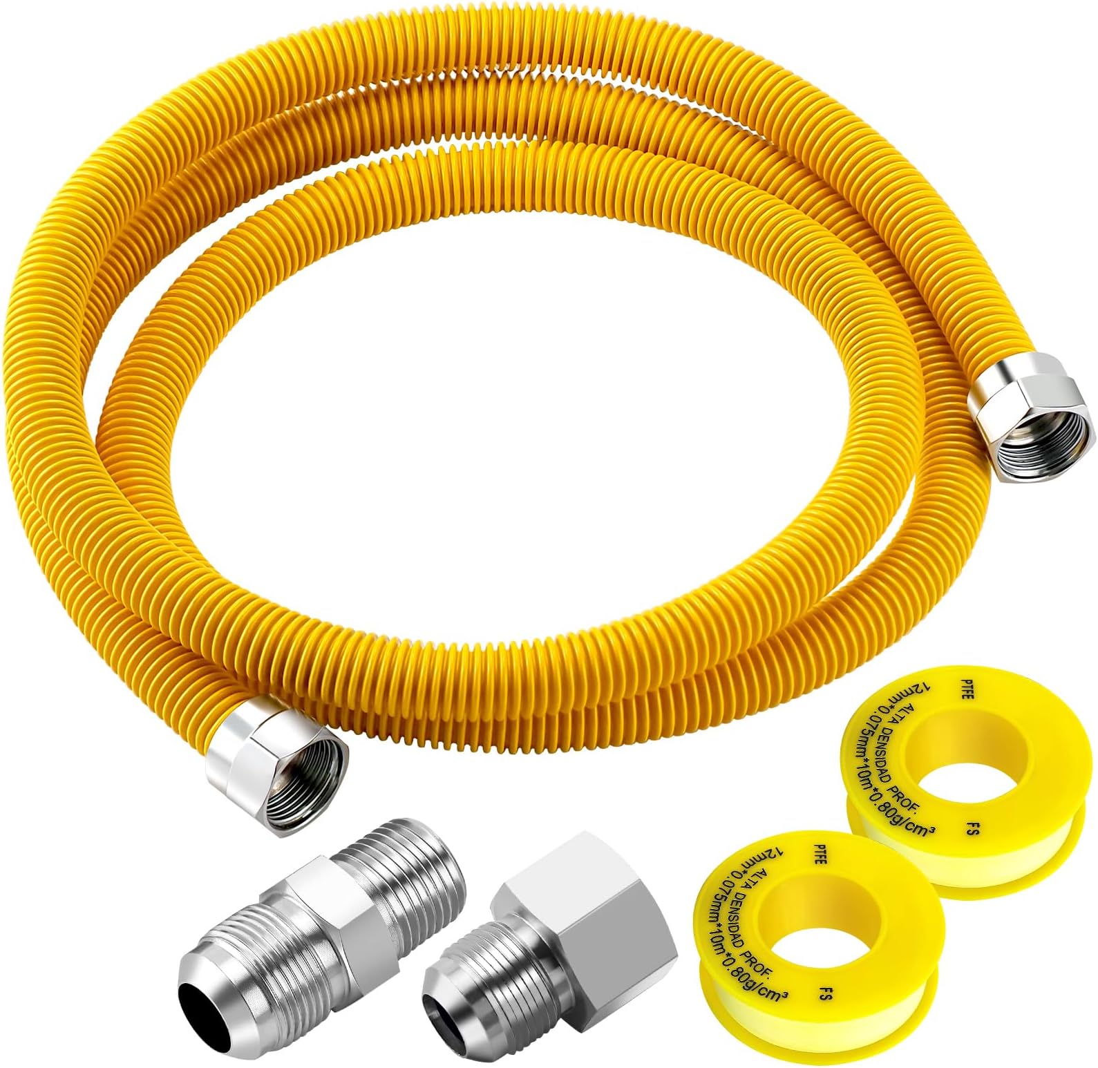 Puxyblue [2026 New] 72" Flexible Gas Line Kit for Dryer Stove Range Water Heater - 1/2" OD(3/8" ID) Flexible Stainless Steel Gas Dryer Kit Come with 1/2" MIP & 1/2" FIP Additional Raw Belt