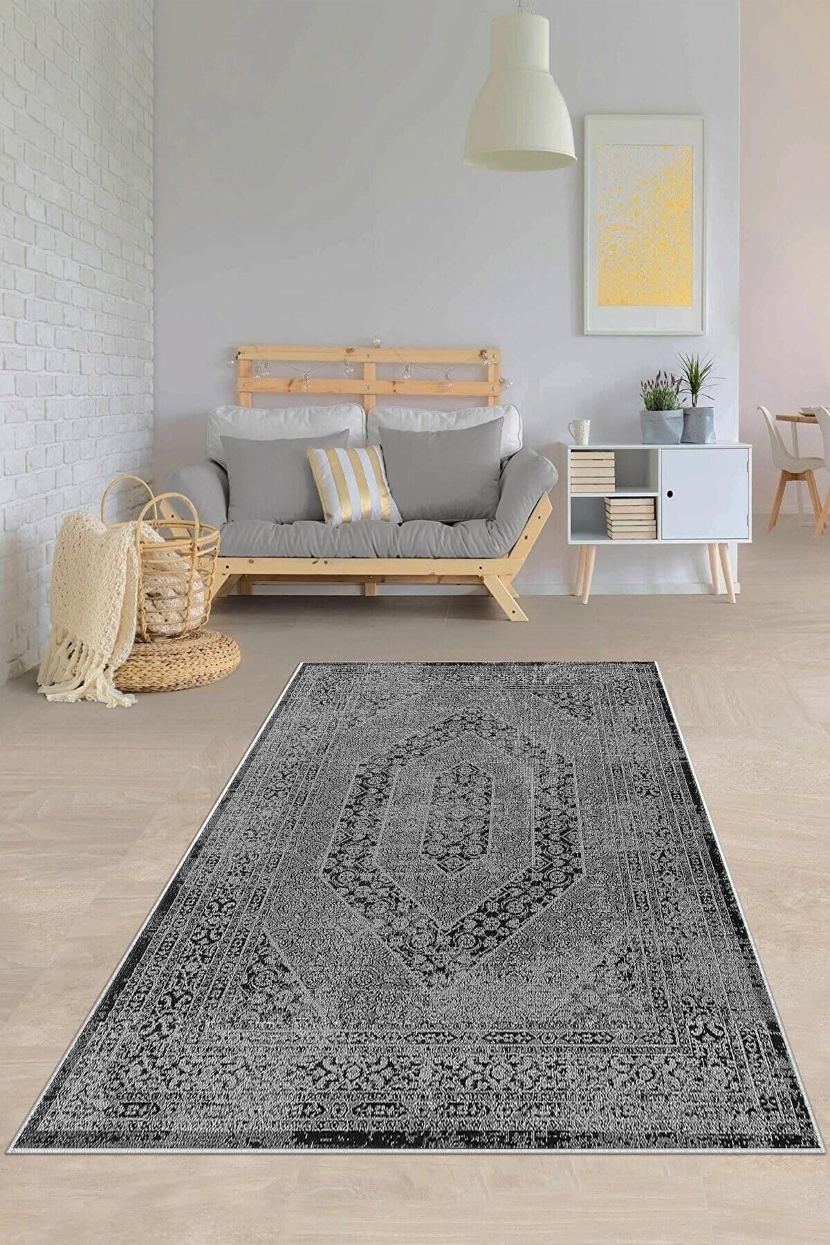 Pelangi Gri Zemin Eskitme Desenli Yıkanabilir Kaymaz Taban Leke Tutmaz Modern Salon Halısı Ve Yolluk, Antrasit 100 x 350, 74571187100350728