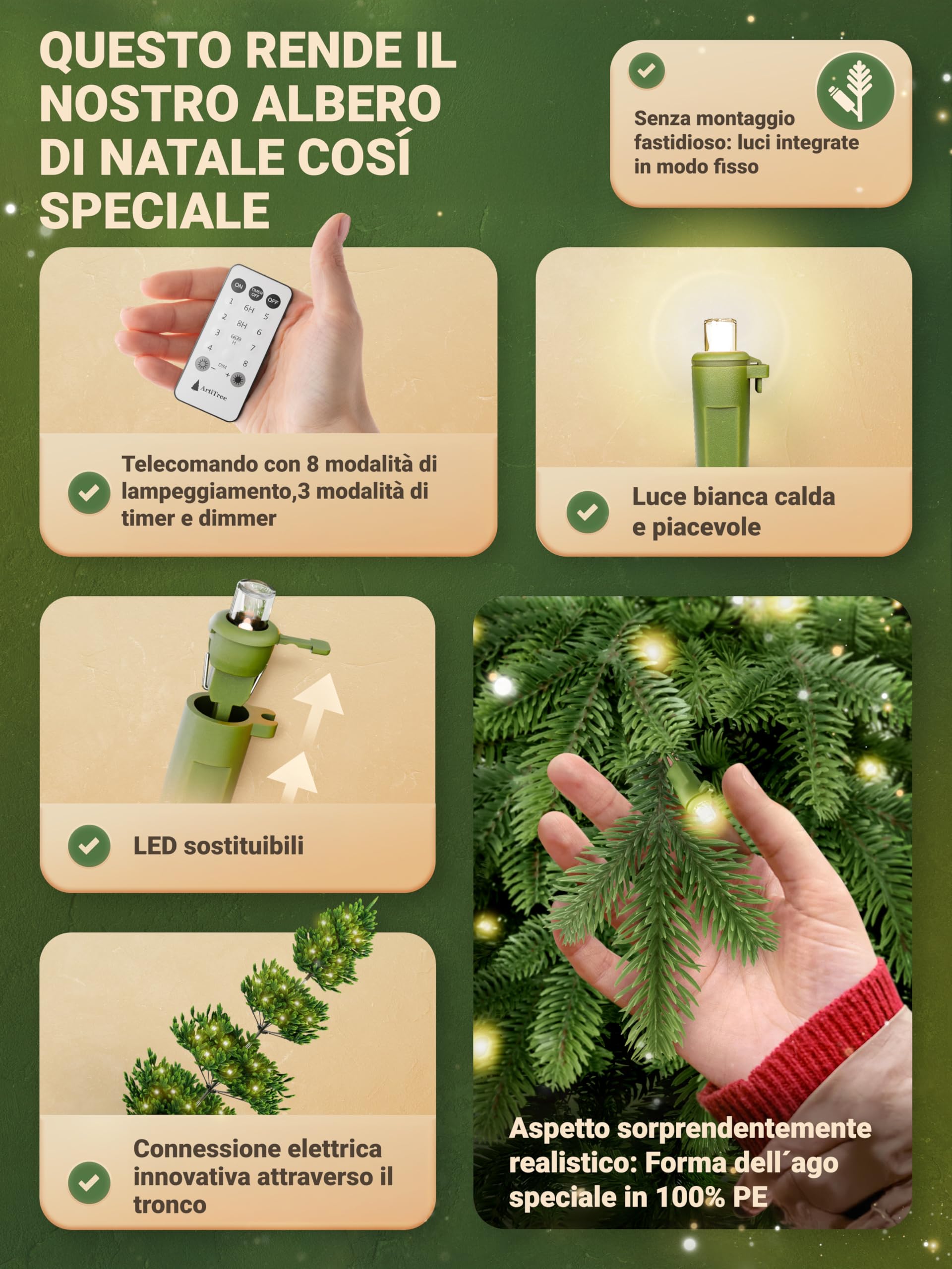 Albero di Natale artificiale [100% stampato a iniezione] - Nordman realistico con cima robusta | christmas tree di prima qualità con supporto in legno certificato FSC (180 cm, con illuminazione)