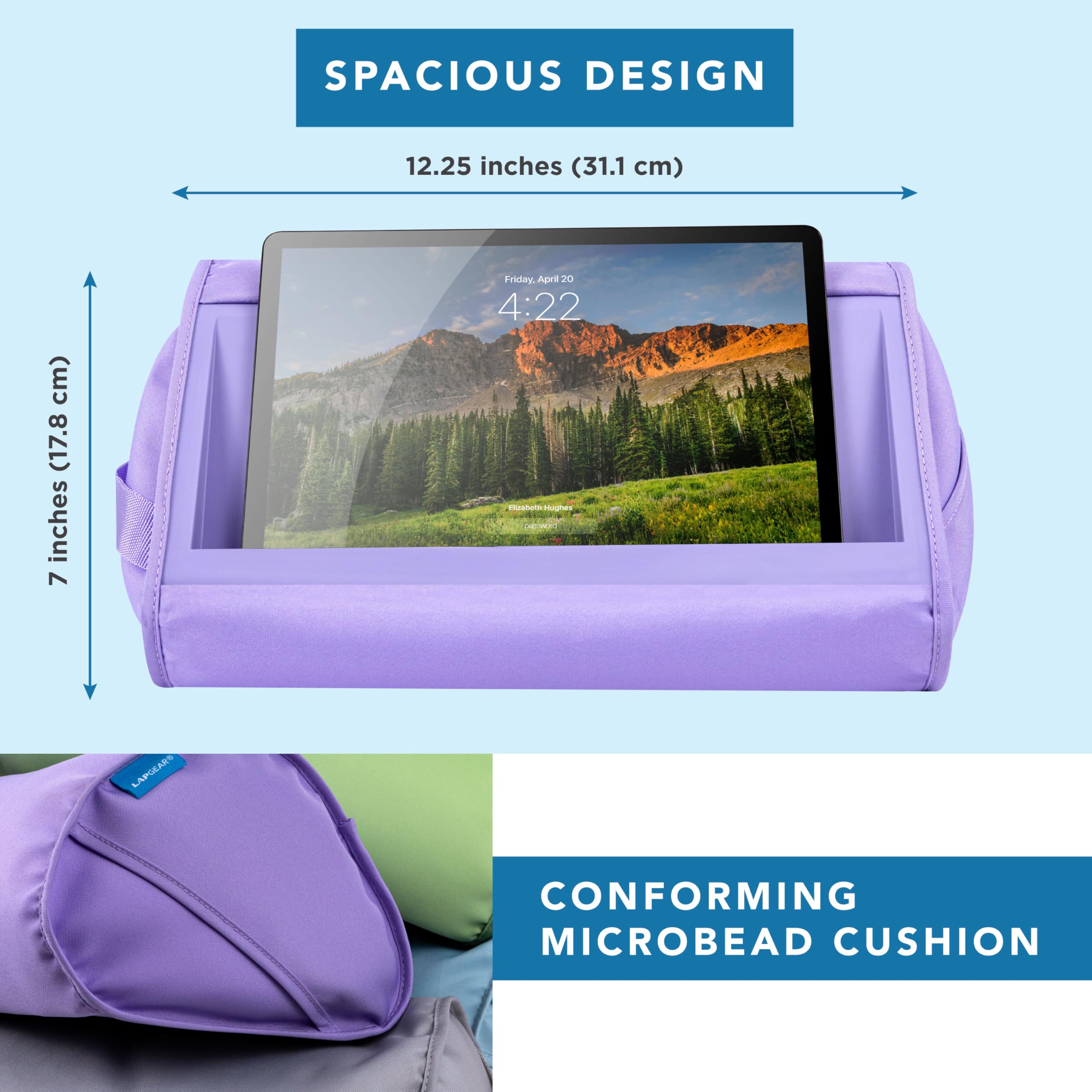 LapGear Supporto per tablet – Slot per iPad, Galaxy Tabs, Kindle, e-reader e telefoni | Supporto imbottito con tasca portaoggetti e maniglia | Viola ametista - Stile n. 33102