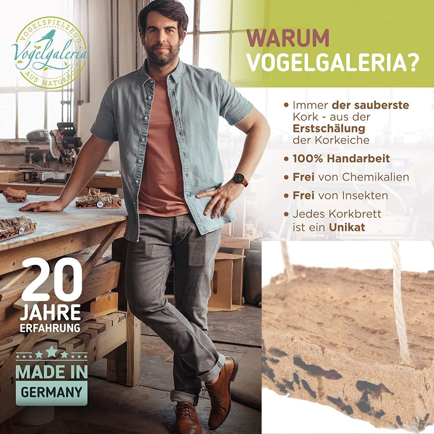 Vogelgaleria® Spannende Korkschaukel M, Vogelschaukel, Sitzbrett und Pickstein zugleich