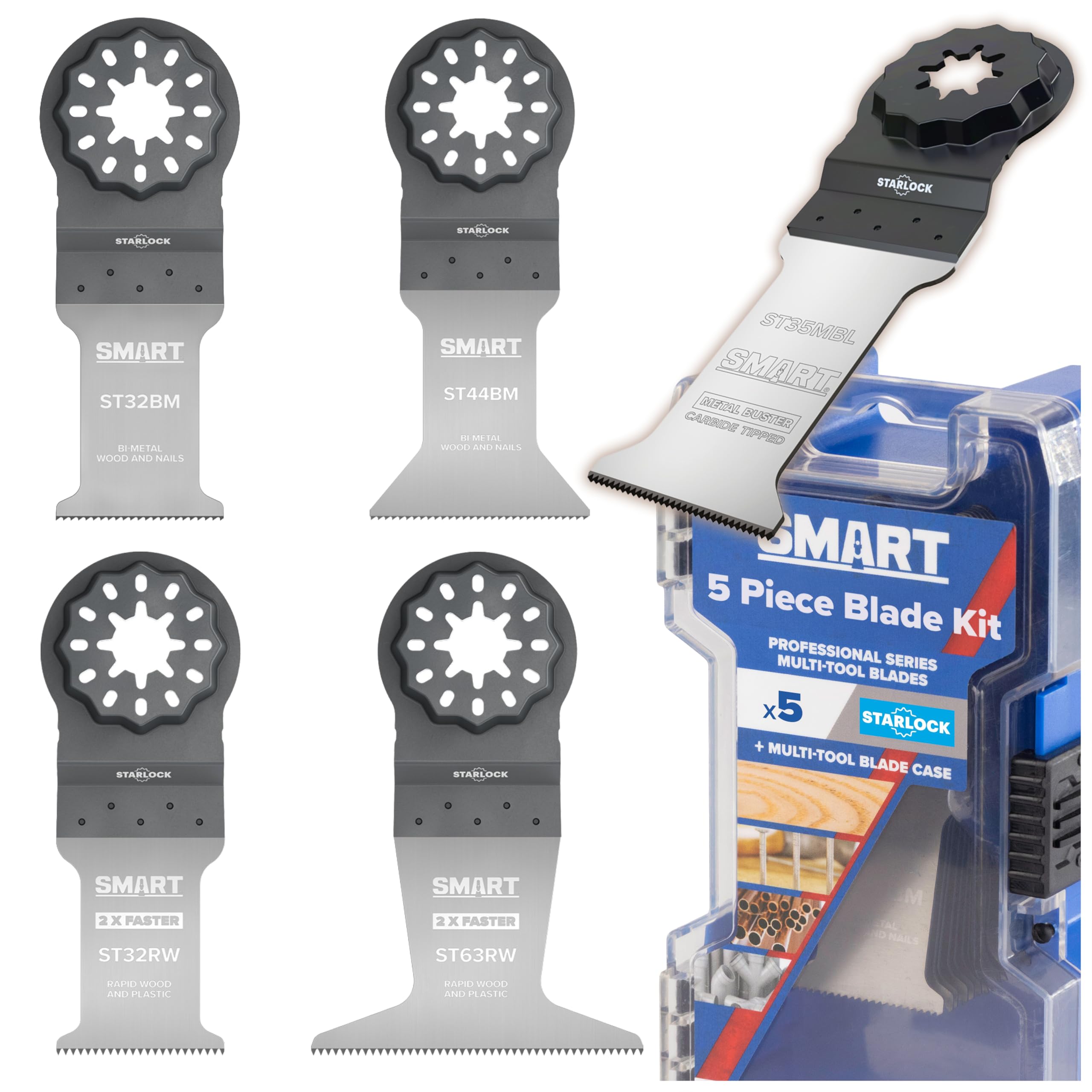 SMART Starlock 5-Piece Multi-Tool Blade Kit with Storage Case โ Rapid Wood, Bi-Metal & Carbide Metal Buster