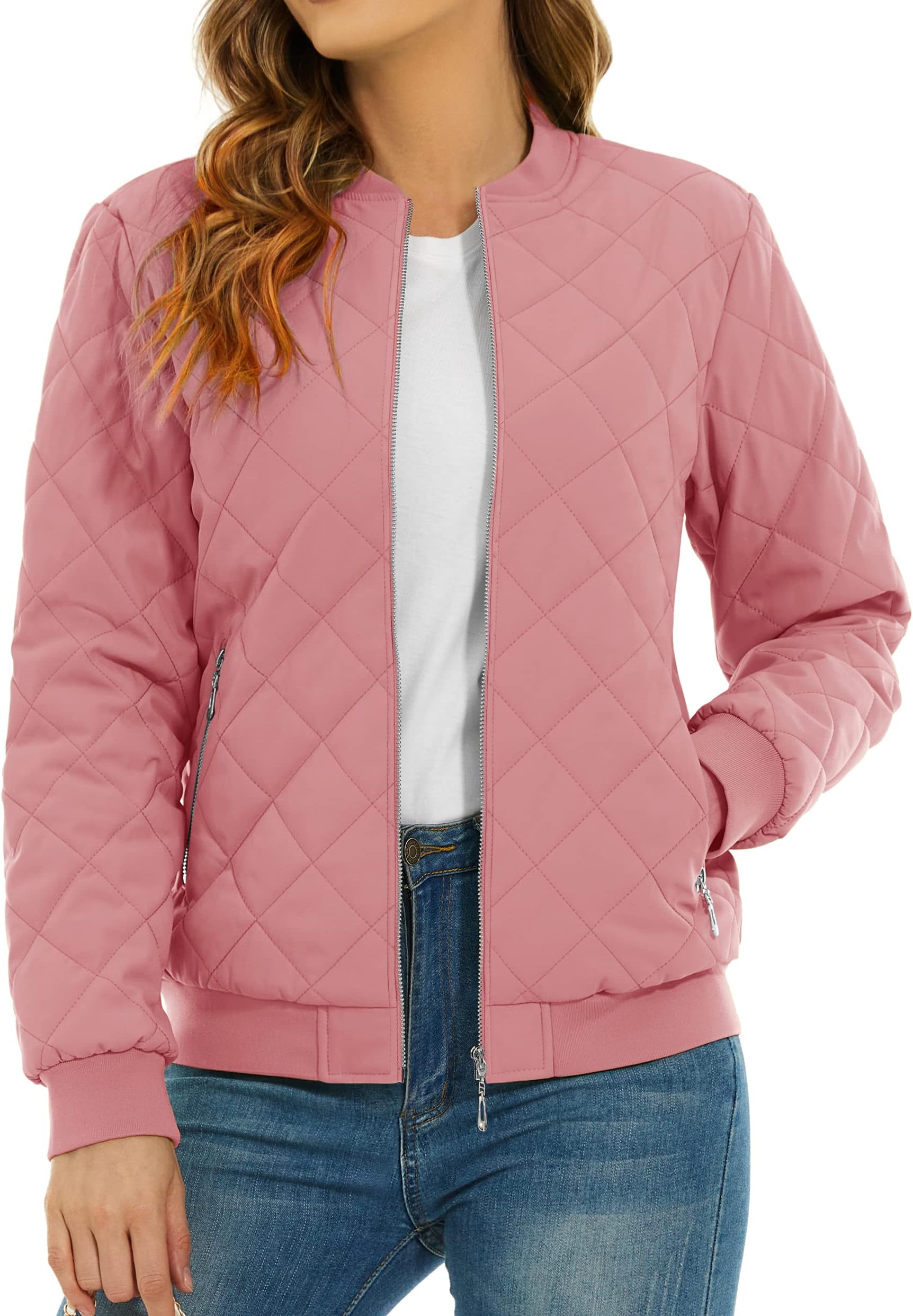 Women's Diamond Quilted Jackets Full Zip Winter Bomber Jacket Padded Coats Casual Warm Jacket with Pockets