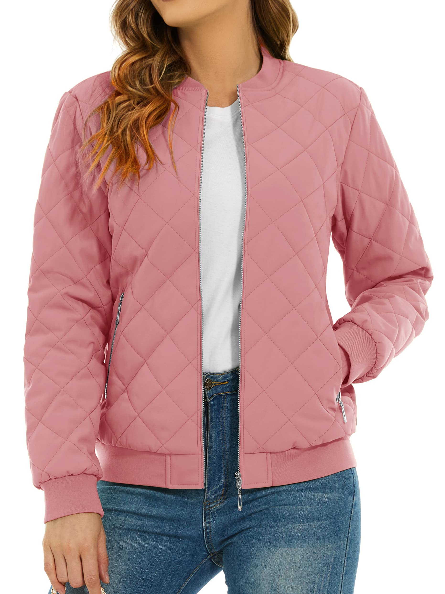 TACVASENWomen's Diamond Quilted Jackets Full Zip Winter Bomber Jacket Padded Coats Casual Warm Jacket with Pockets