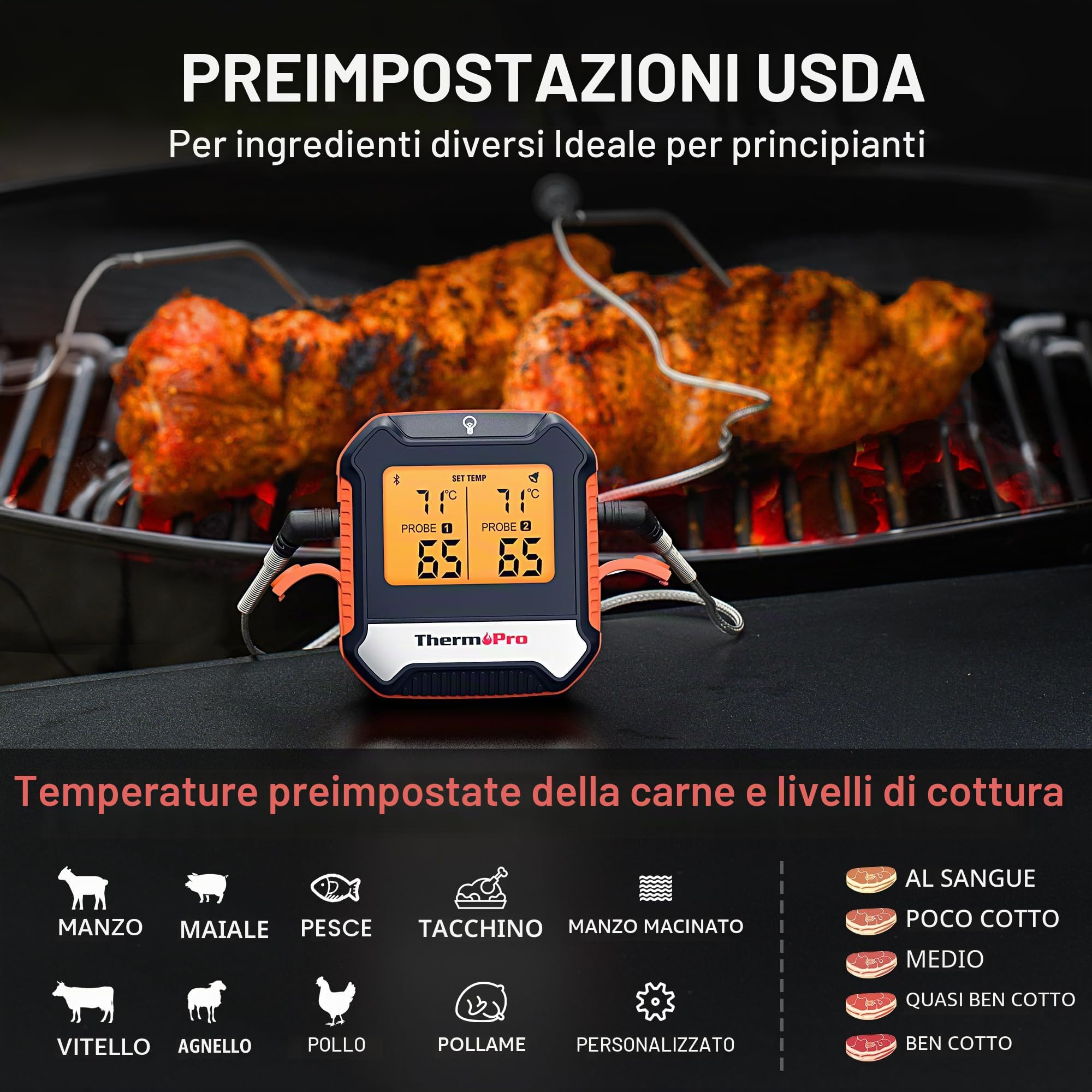ThermoPro TempPro TP904 Termometro cucina Termometro Bluetooth per carne con 2 sonde di temperatura Termometro alimentare intelligente digitale per la cucina barbecue griglia forno affumicatore