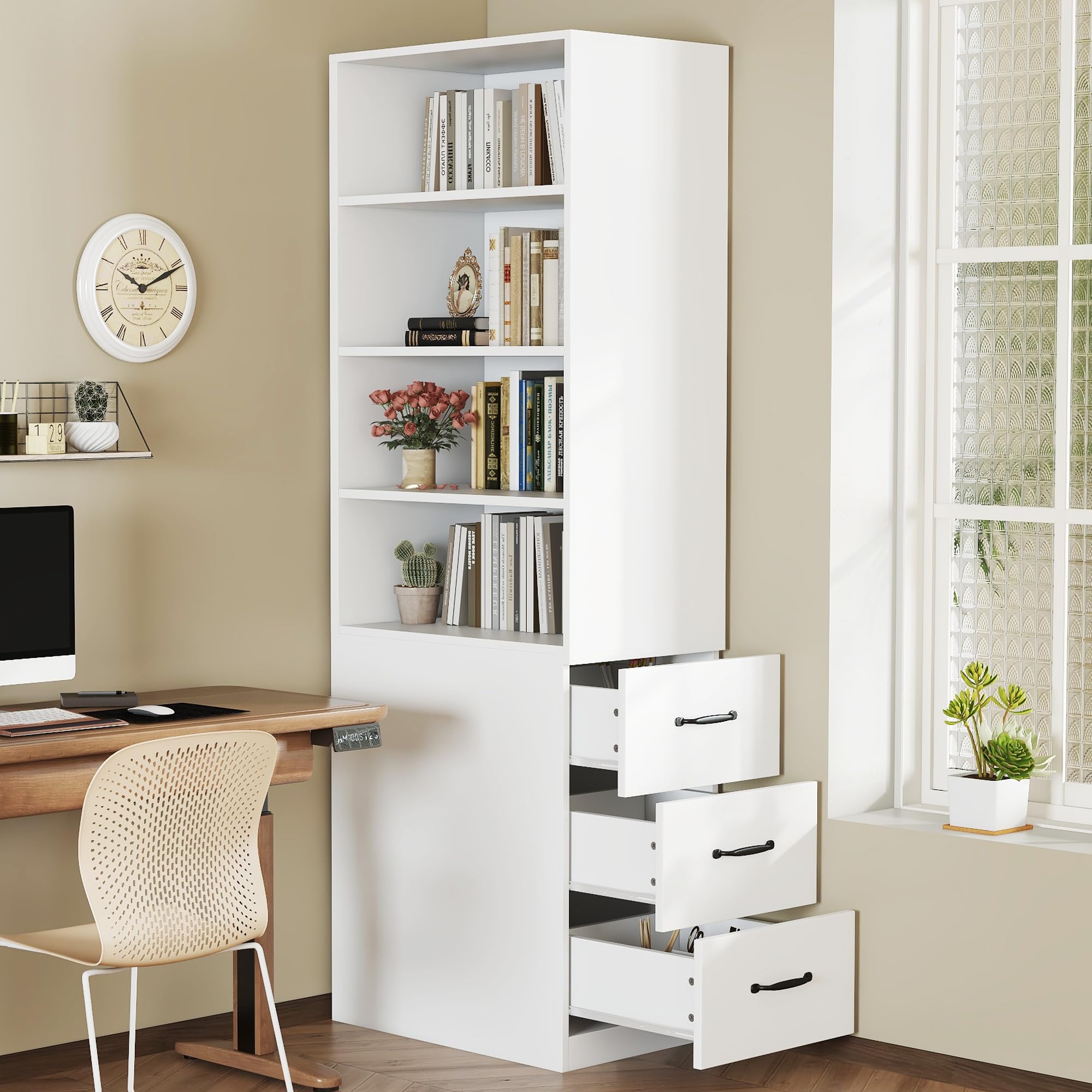 Estantería de 180 cm de altura extra estrecha con cajones laterales – estantes ajustables, intercambiable a izquierda y derecha, adecuada para espacios pequeños, aparador, salón, estantería alta