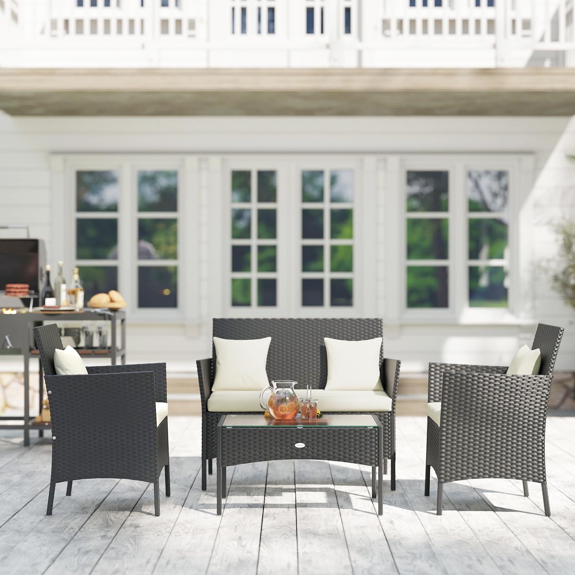 Outsunny Set da Giardino 4 Pezzi in Rattan con Sedie e Tavolino, Nero e Crema