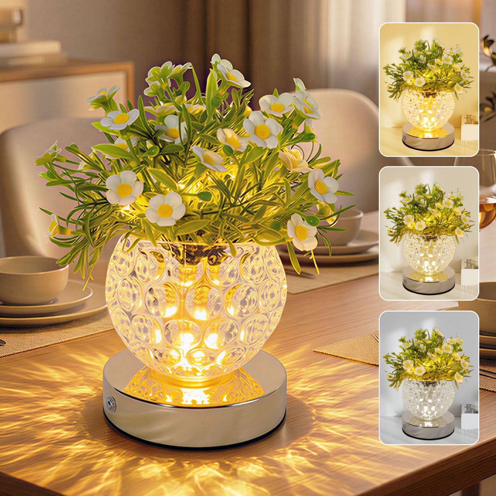 Plmmperation Flower Table Lamp, 3-Color Touch Dimming Heronsbill Glass Night Light, Rechargeable Artificial Flower Light, Desktop Ambient Light Romantic Gifts for Girls Women Mom (White - Heronsbill)