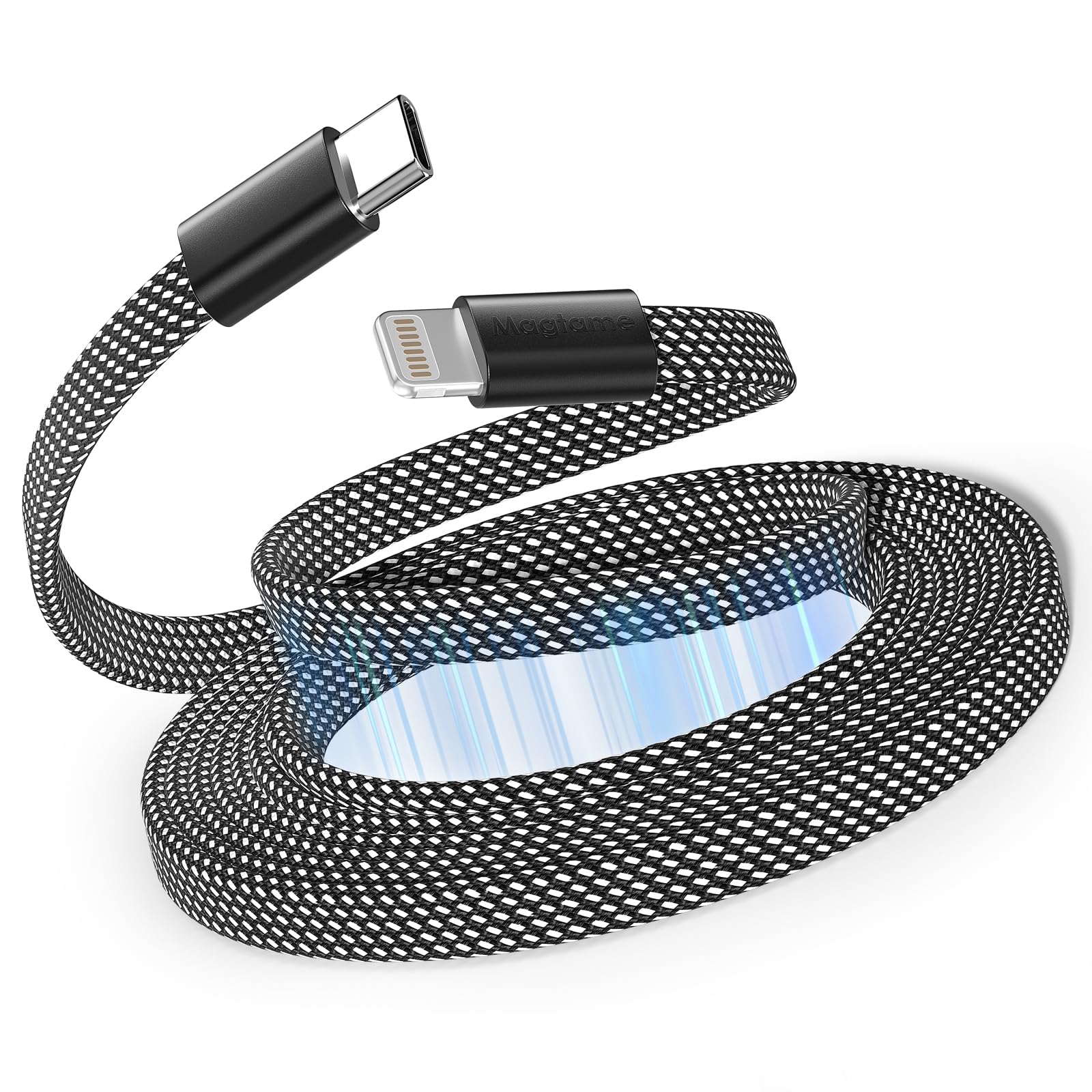 Magtame Magnetic USB C to Lightning Kabel für Phone 1.5M, Coiled Ladegerät Kabel Schnellladung MFi zertifiziert, flaches einziehbares Kabel geflochten Kompatibel mit Phone 14 13 12 11 Pro Max XR XS X