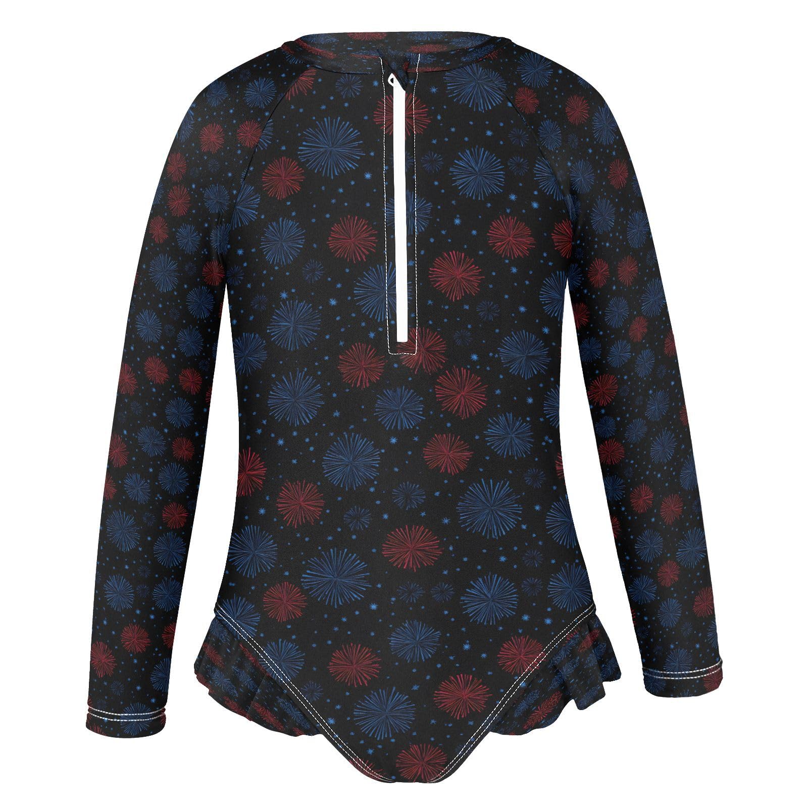 AEZODI Blue Red Fireworks Girls Long Sleeve Swimsuits One Piece Zipper Bathing Suit UPF 50+ Rashguard Swimwear