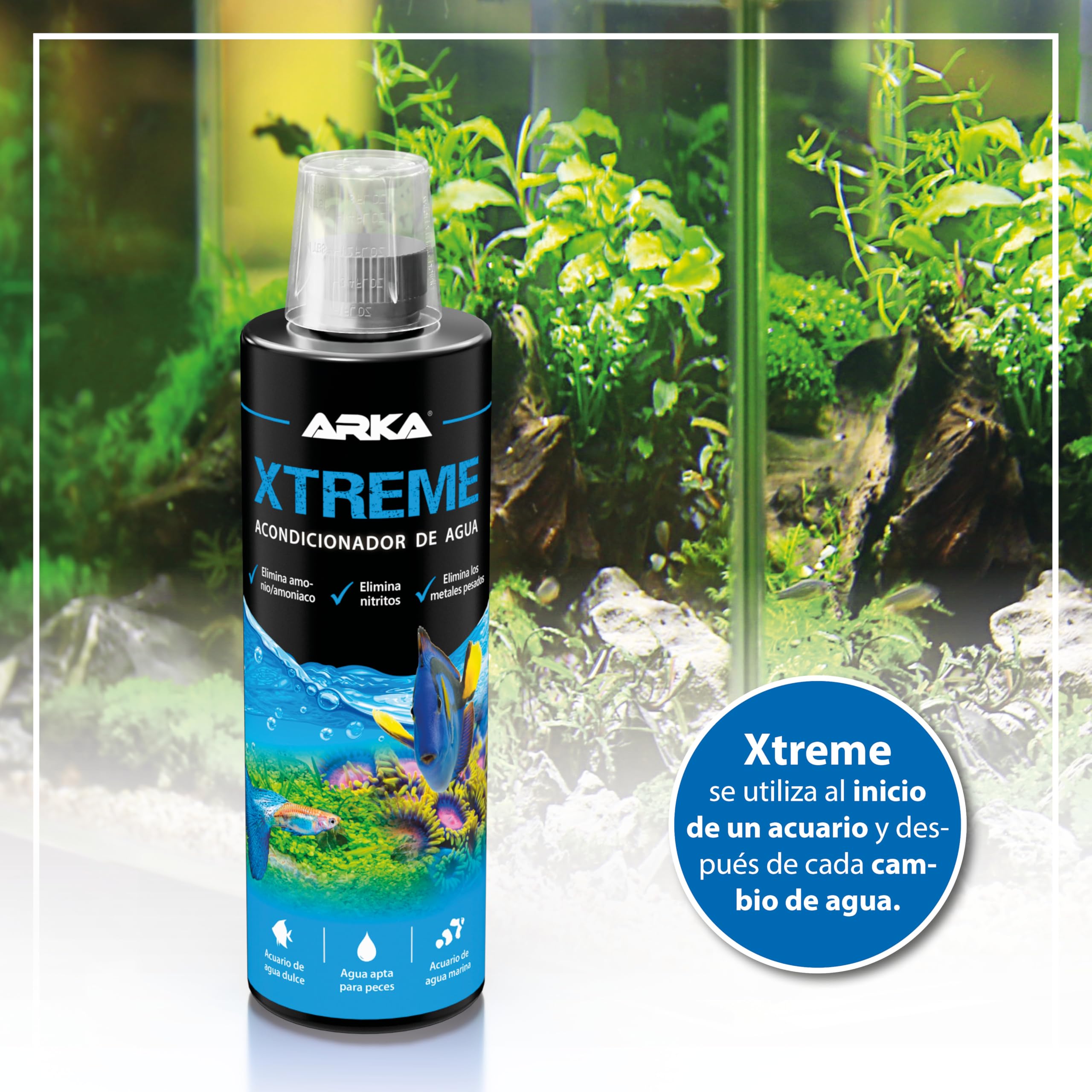 Acondicionador de Agua para Acuario 118 ml – ARKA Xtreme – Elimina Cloro, amoníaco y nitrito – neutraliza Metales Pesados – Ideal para Cambios de Agua y nuevos acuarios