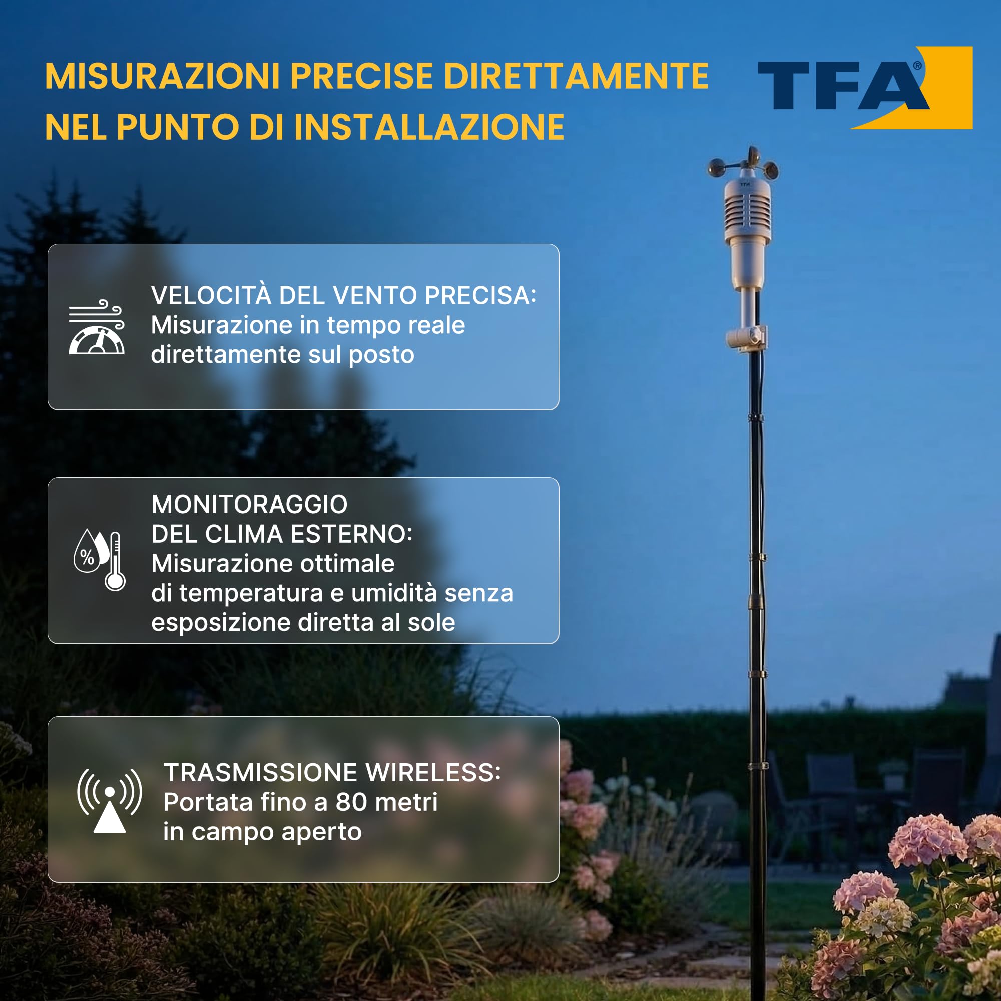 TFA Dostmann stazione meteo con sensore esterno radio SPRING BREEZE, 35.1140.01, con display a colori, previsioni meteo con limiti/simboli di allarme, con sensore esterno, nero