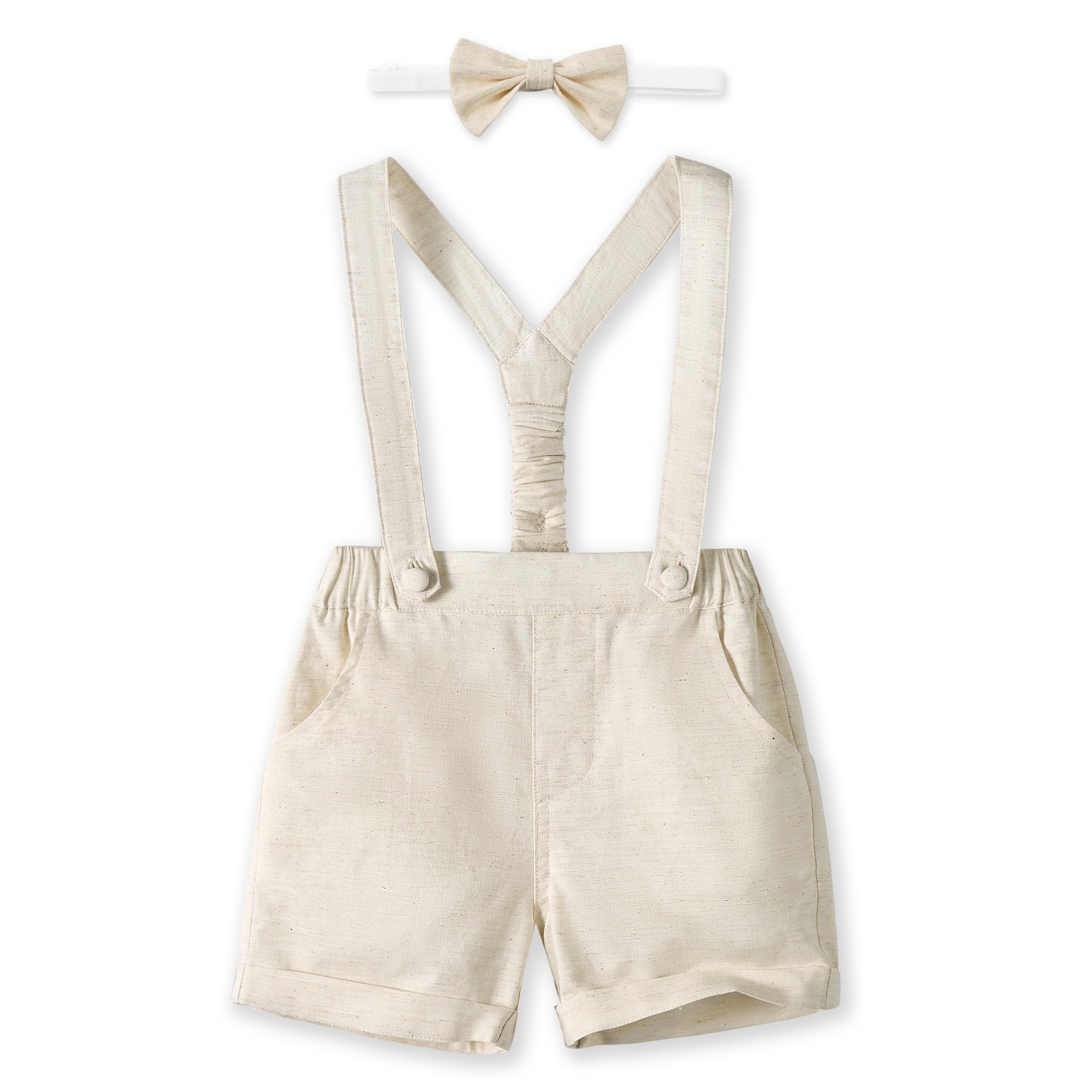 Volunboy Bambino Pantaloncini con Bretelle, Ragazzo Estivi Casual Lino Shorts con Papillon 3 Pezzi