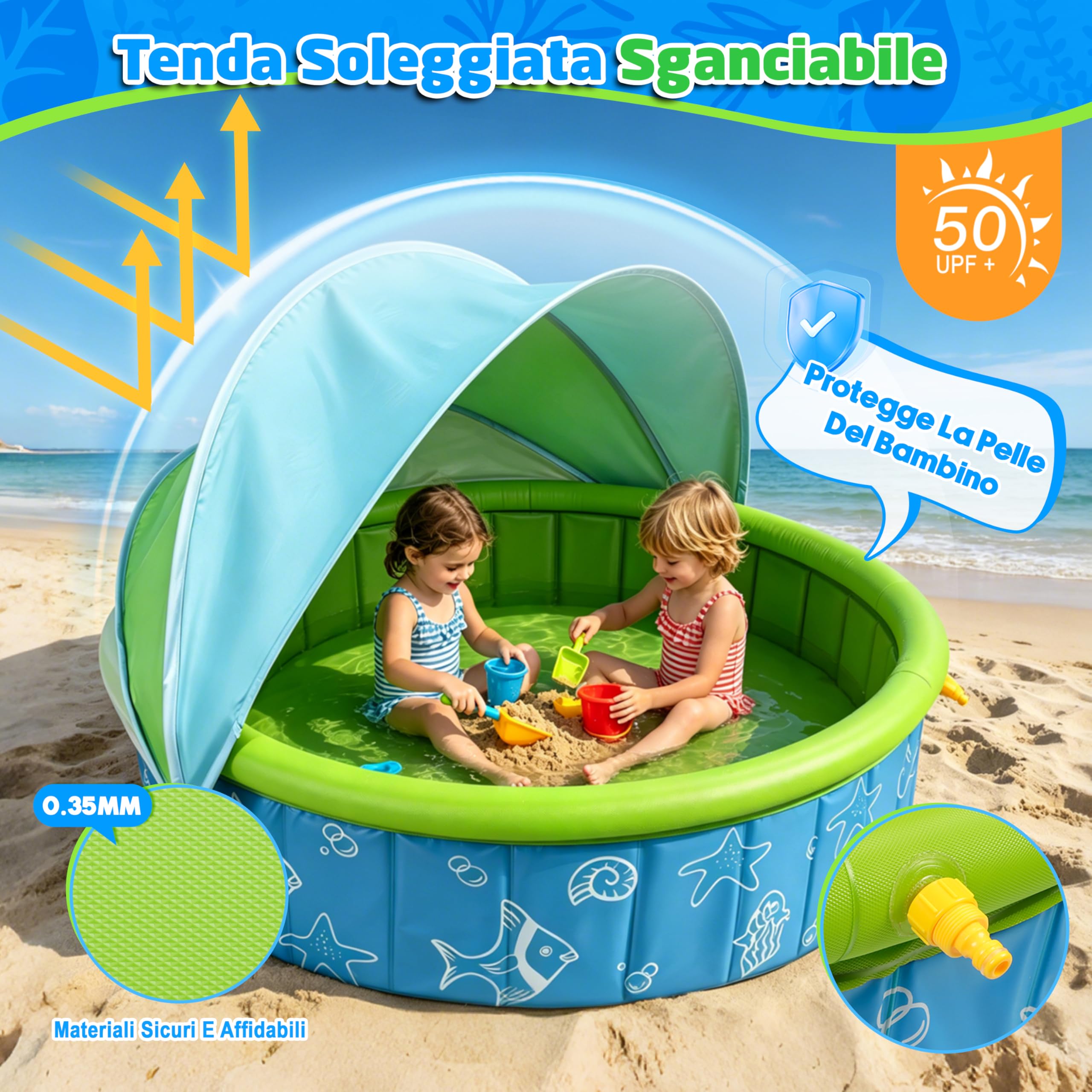 JONRRYIN Piscina per Bambini con Tetto, 120x30 cm Tenda da Spiaggia Piscinetta con Funzione di Sprinkler, Piscinetta Pieghevole per Cani e Bambini per Giardino, Spiaggia, Picnic