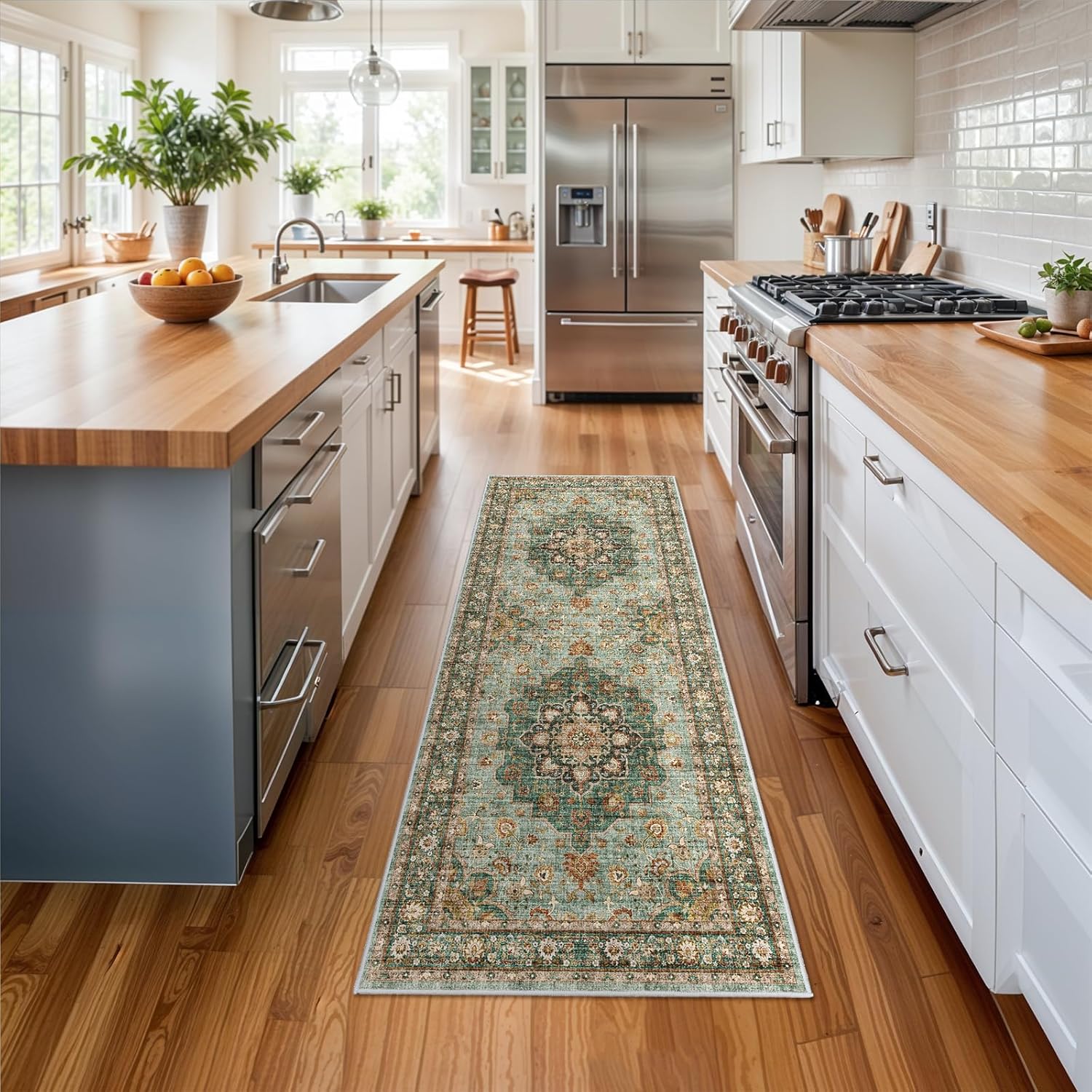 Washable Oriental Hallway Runner Rug - 2x6 Rugs for Living Room Soft Carpet for Bedroom Kitchen Waterproof Floral Distressed Indoor Stain Resistant Non-Shedding Floor Carpets (Green, 2X6) - Image 2