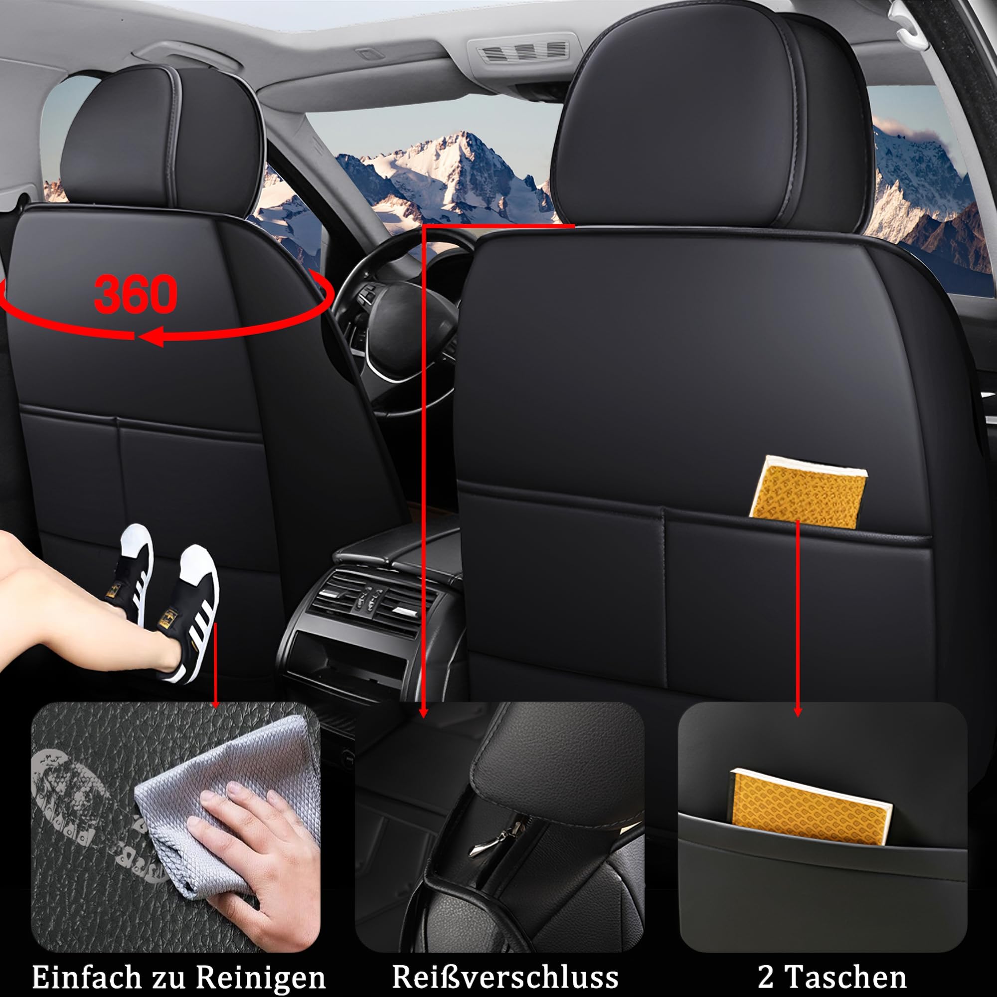 komplet 5-częściowych osłon foteli samochodowych, uniwersalne pokrowce na fotele do Mercedes-Benz klasy B klasy C klasy E GLB GLE GLK, skóra syntetyczna, oddychające i wodoodporne oraz odporne