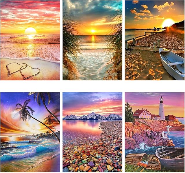 SupLetsico 6 Pack 5D Diamond Painting Kits for Adults, Sunset Beach Diamond Art Kits for Adults, Full Drill Crystal Art Kits for Home Wall Decor Diamond Dots, 11.8" x 15.7", Without Frame