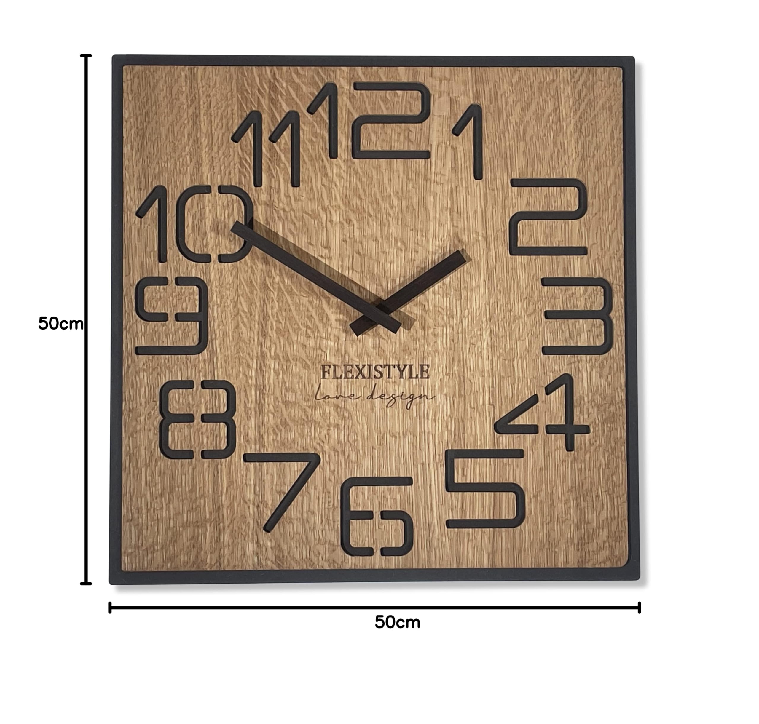 FLEXISTYLE Moderno Reloj de Pared Cuadrado Grande de Madera Eco de 50 cm de diámetro, Silencio, Aspecto de Madera, Roble, salón, Dormitorio, (Digits 40 cm)