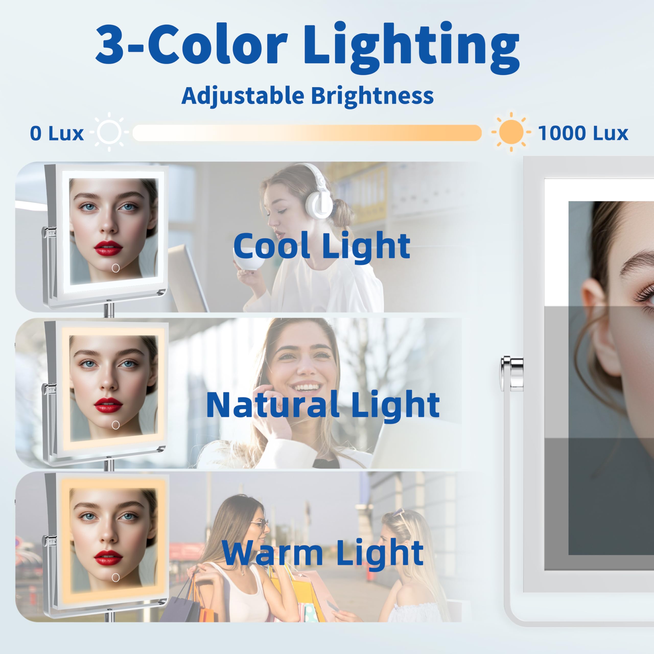 Ruacq Specchio da trucco ricaricabile da parete con luci, specchio cosmetico con ingrandimento 1X/10X su entrambi i lati con illuminazione a 3 colori, touch screen dimmerabile, braccio pieghevole con