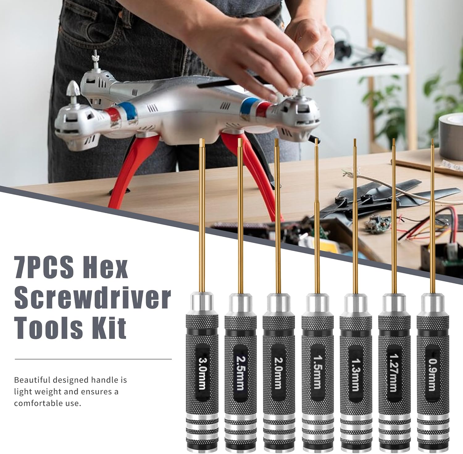 Professional RC Titanium Plated Ti Coated Hex Screwdriver Set - 7PCS Precision Hexagon Allen Kit (0.9-3.0mm) for RC Car, Drone, Helicopter, Durable RC Tool Kit - Image 4