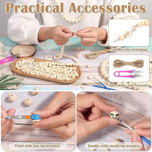 Miniatura 4 de Cuentas de madera para manualidades, 660 piezas de cuentas de madera sueltas naturales a granel incluyen cuentas sin terminar con agujeros, anillo