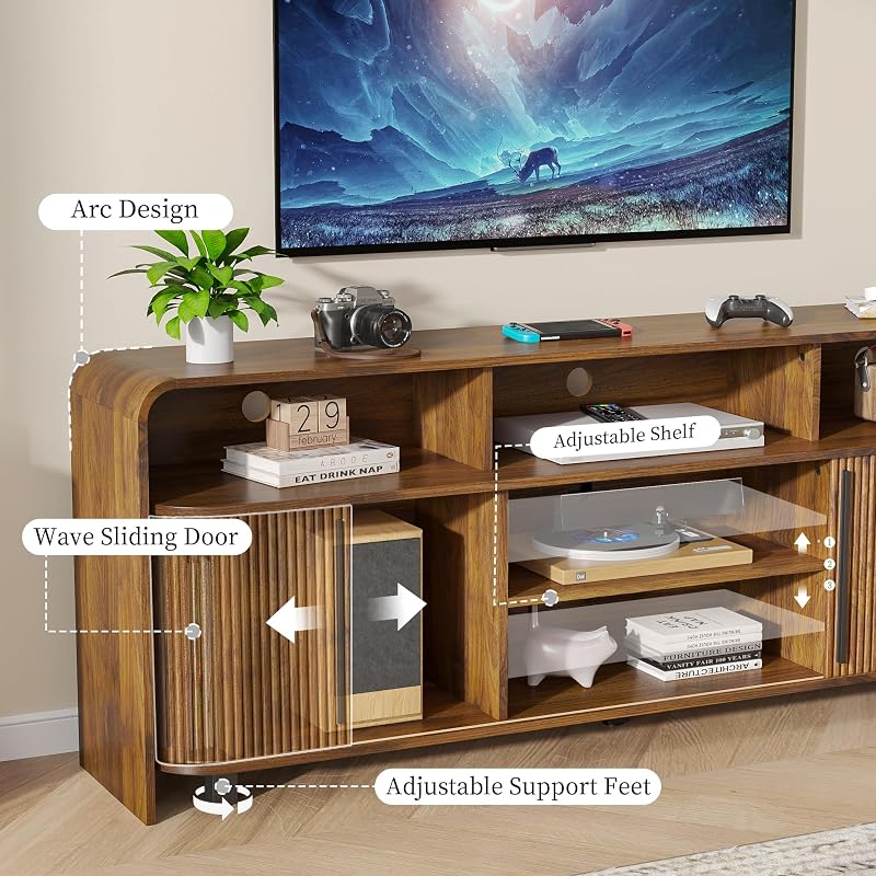 Fluted TV Stand for 75 65 80 Inch TV, 70 Inch Long Walnut Entertainment Center, Large Mid Century Modern TV Console Media, Adjustable Shelves, Sliding Doors, Living Room, Wood image 6