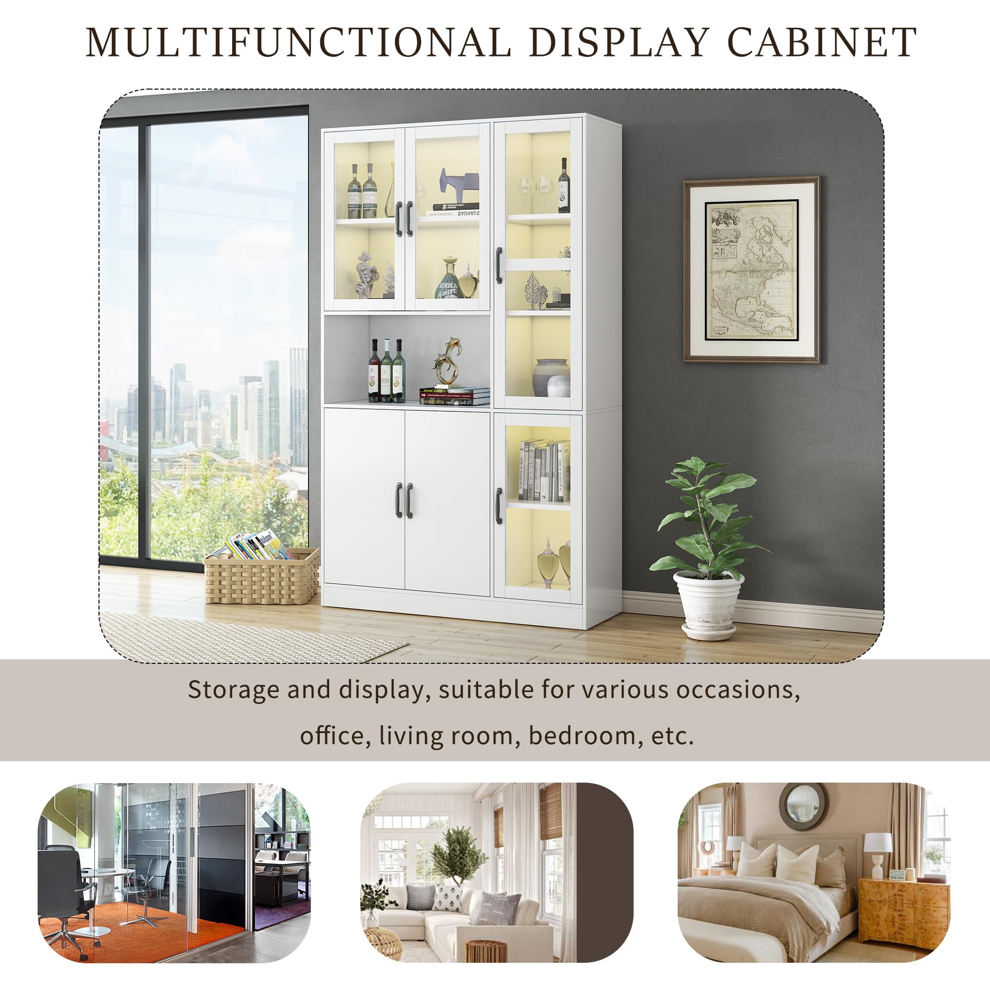 I0I&I0I Vitrina blanca para libros, gran cocina, despensa, estantería de lujo con luz LED, armario de vitrina con estantes para salón (120 W x 40D x 200 H)