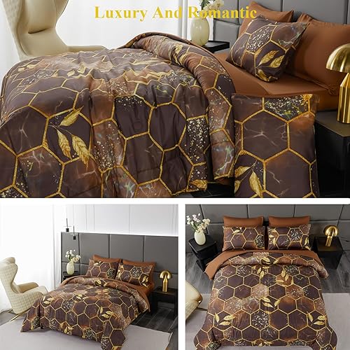 Miniatura 4 de Juego de edredón marrón dorado tamaño King, juego de ropa de cama hexagonal geométrico, edredón de 7 piezas de mármol marrón con panal en una bolsa,