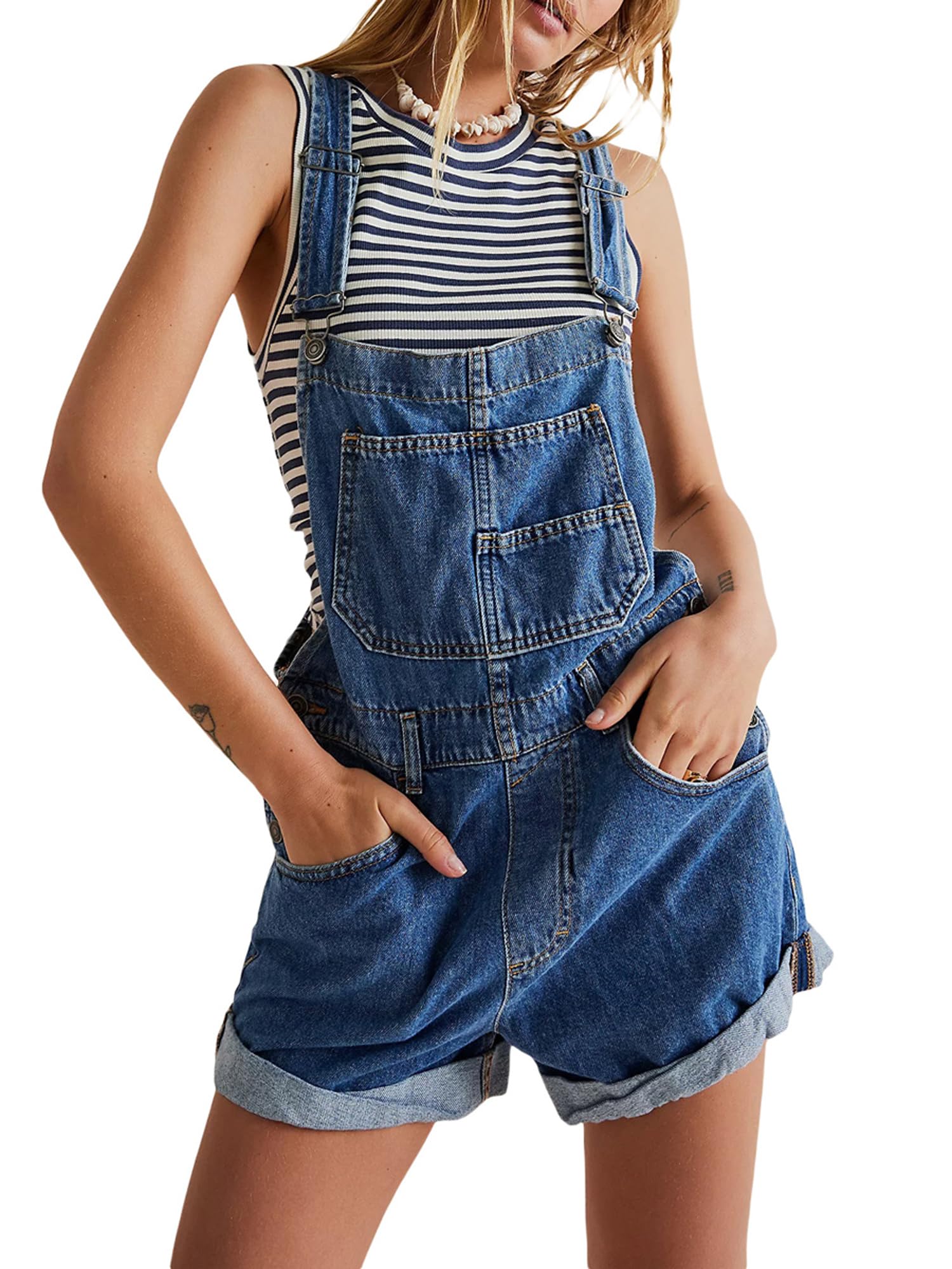 GXNRHG Damen-Denim-Baggy-Trägershorts, Overalls, verstellbare Hosenträger, gerollte Manschette, weites Bein, Kurze Jeans-Latzhose mit Taschen, Y2K-Streetwear
